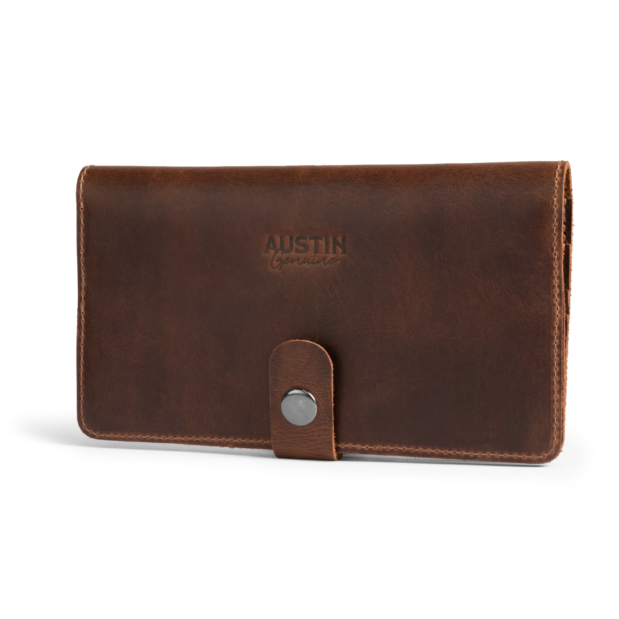 Exterior view of The Lamar Long Bifold Wallet by Austin Genuine, showcasing its stylish snap closure and rich brown leather finish. This wallet embodies Austin’s bold passion, vibrant popular culture, and unmistakable Texas spirit, made from Full Grain Leather through StockyardX's Small Batch Production, Hand Cut, Hand Sewn, Fire Branded, Artisan techniques, and is Handmade in La Antigua Guatemala & Oaxaca Mexico.