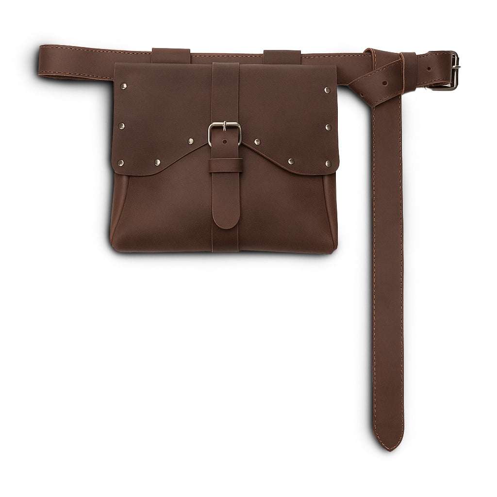 Viking Style Waist Bag with Belt from Hide & Play showcasing a buckle closure and rugged design, perfect for cosplay and costume enthusiasts. Made of durable full grain leather, this artisan bag exemplifies small batch production and is handmade in La Antigua Guatemala & Oaxaca Mexico.