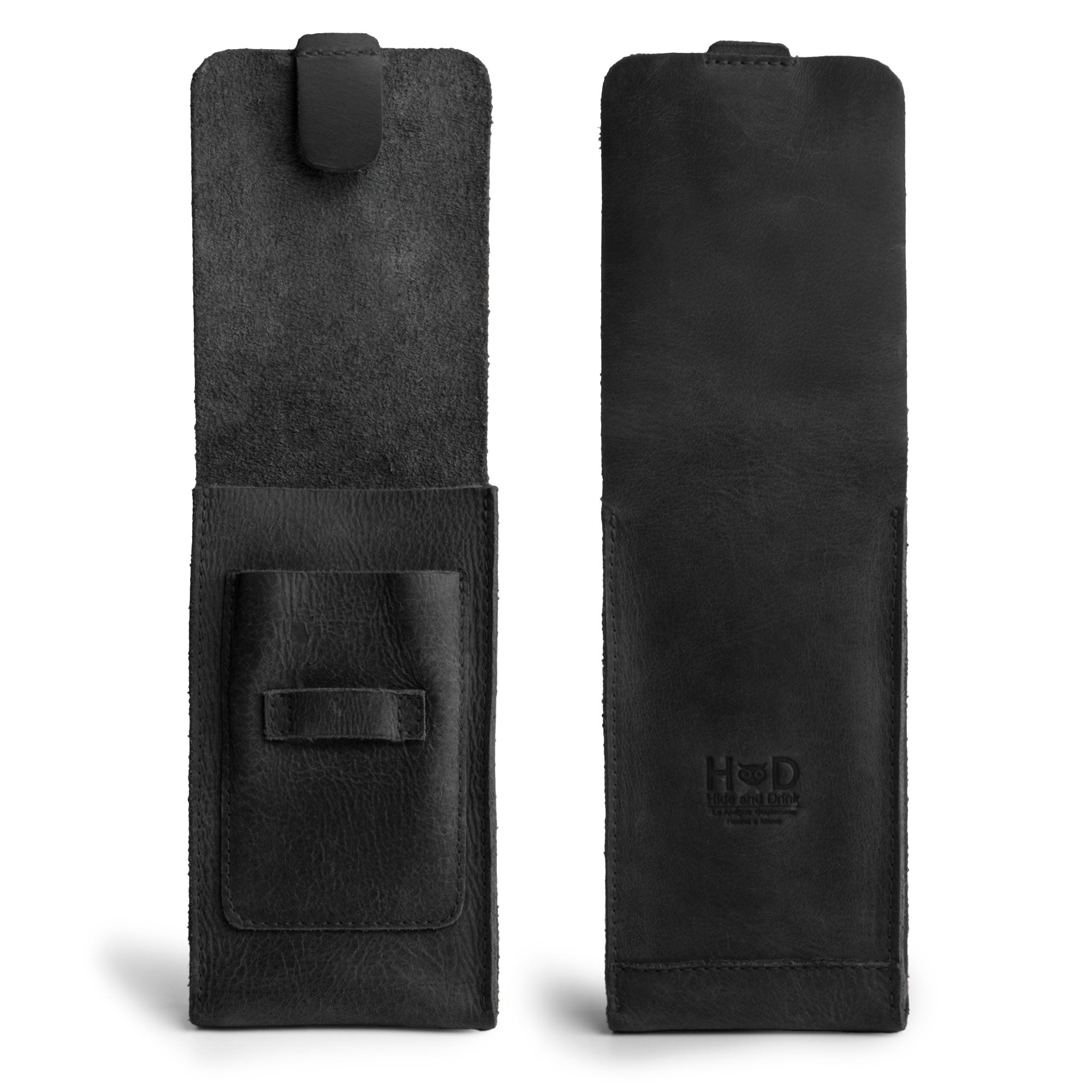 Inside view of the black Triple Cigar Holder by Hide & Drink, showcasing its luxurious lining and cutter slot. A perfect portable accessory for cigar enthusiasts, this case is crafted from the finest full grain leather and handmade in La Antigua Guatemala & Oaxaca Mexico.