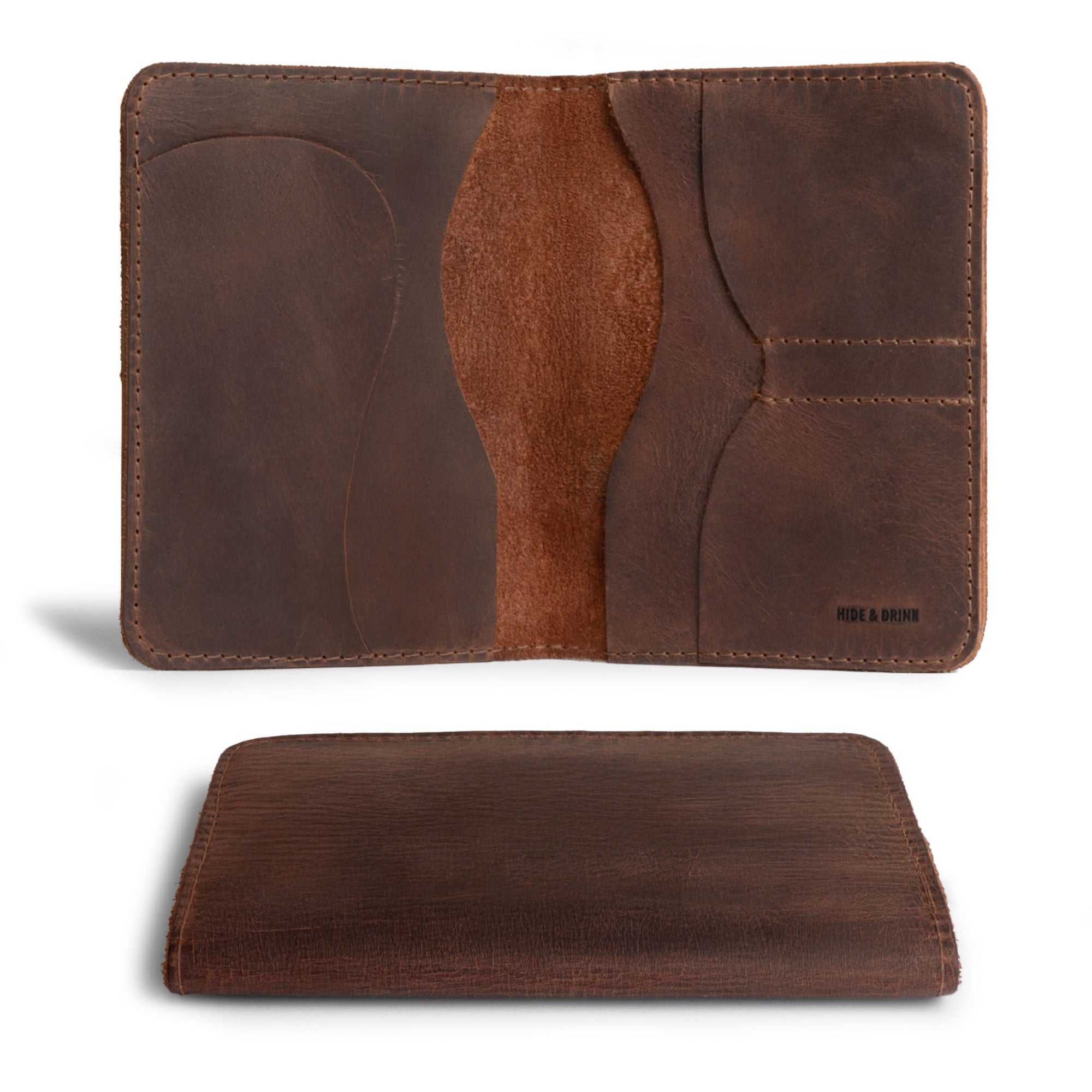 Inside view of Hide & Drink's Double Passport Wallet W/Key Slot, showcasing the rustic full grain leather design with multiple slots for cards and bills, handmade in La Antigua Guatemala & Oaxaca Mexico.