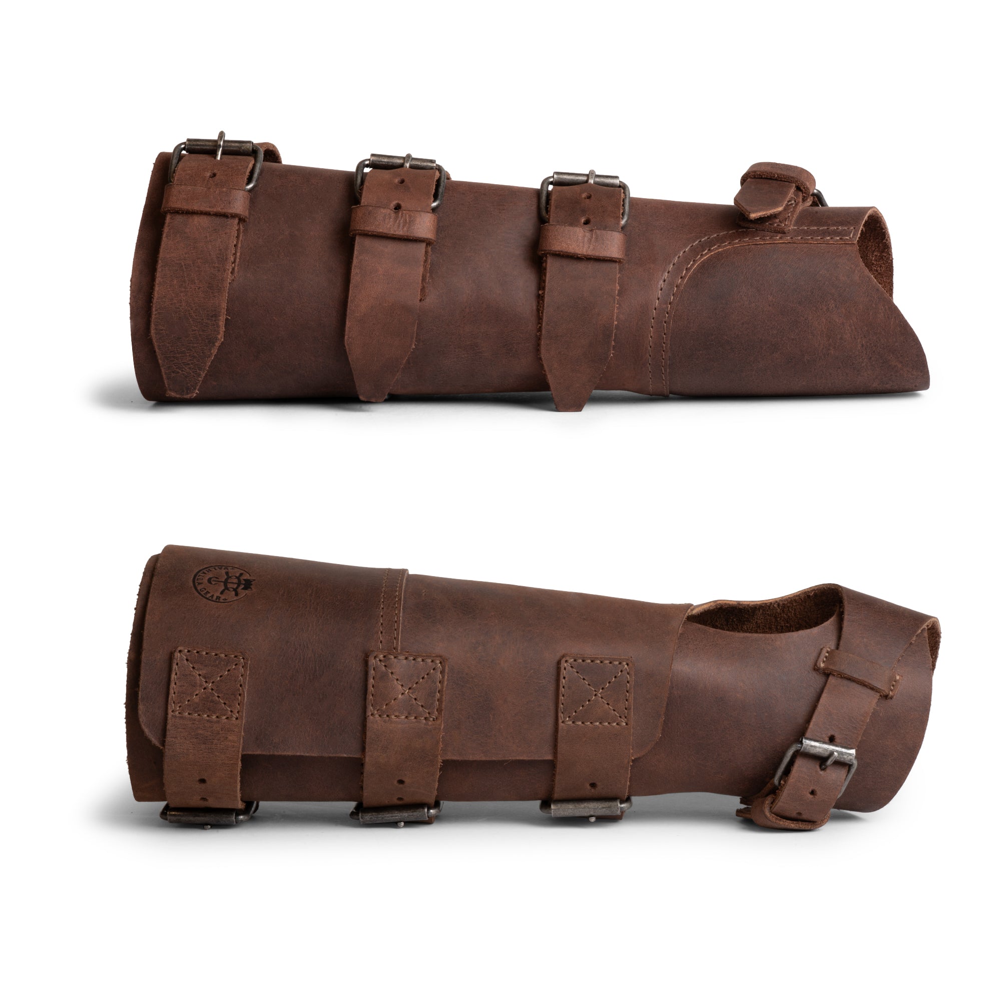 Side view of Valhalla Gear Welding Forearm Protector displaying its sturdy design, crafted from full grain leather with buckle closures. Perfect for welding, this artisan-made forearm protector is a key accessory for blacksmiths and ensures safety and style.