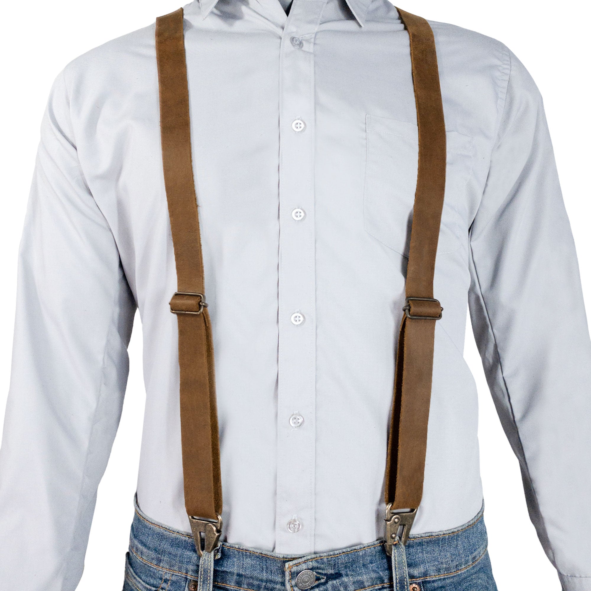 Fashionable Rustic Suspenders with Adjustable Size Straps for Men from Hide & Groom, featuring Full Grain Leather for comfort and style. Ideal for weddings or Steampunk outfits, these suspenders highlight artisan skills with careful hand cut and hand sewn details.