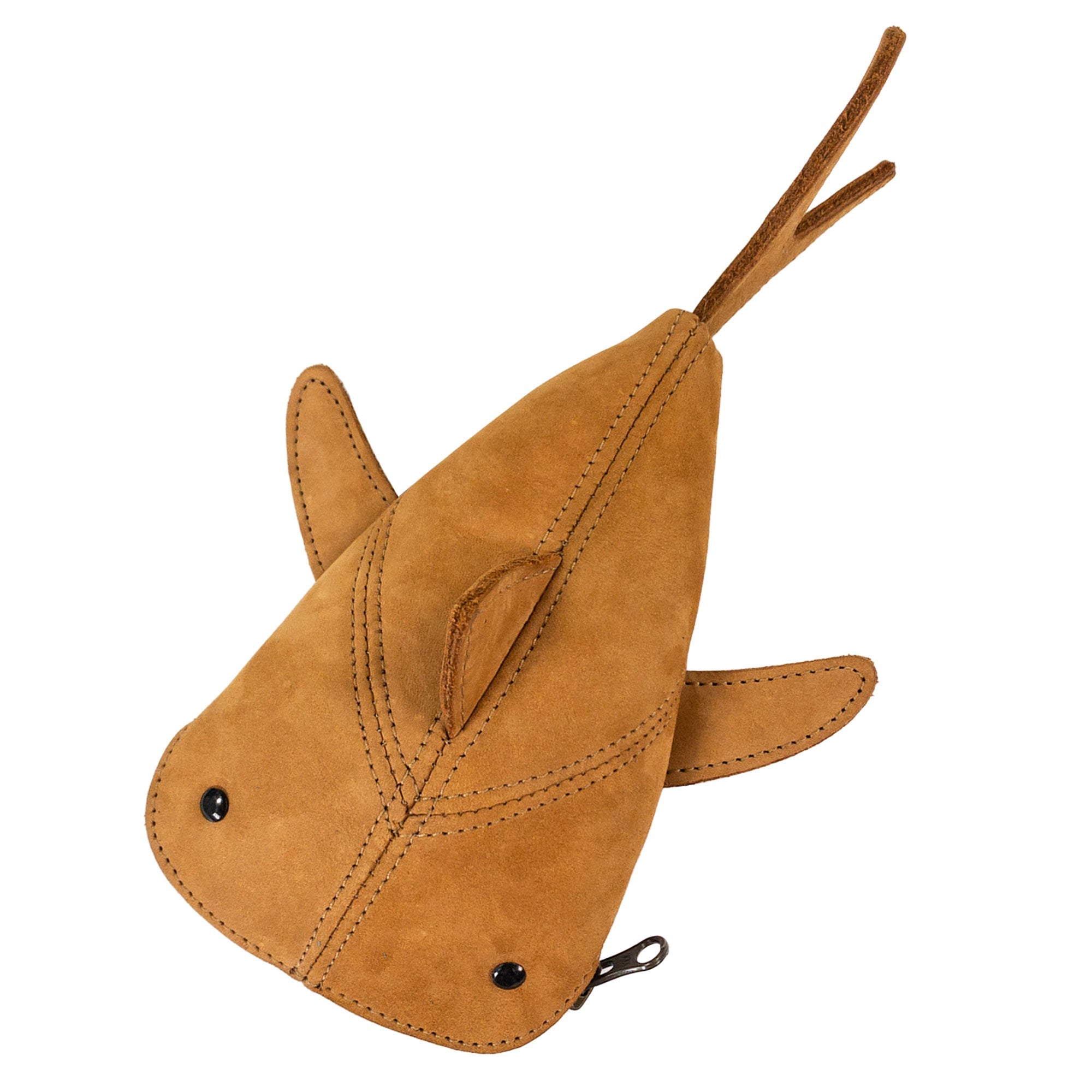 Image of the green Leather Shark Pouch from Hide & Drink, featuring a zippered design. This charming shark shaped case can neatly hold art supplies or serve as a pencil purse. Artisan-made from durable full grain leather, this pouch showcases the craftsmanship from La Antigua Guatemala & Oaxaca Mexico in small batch production.