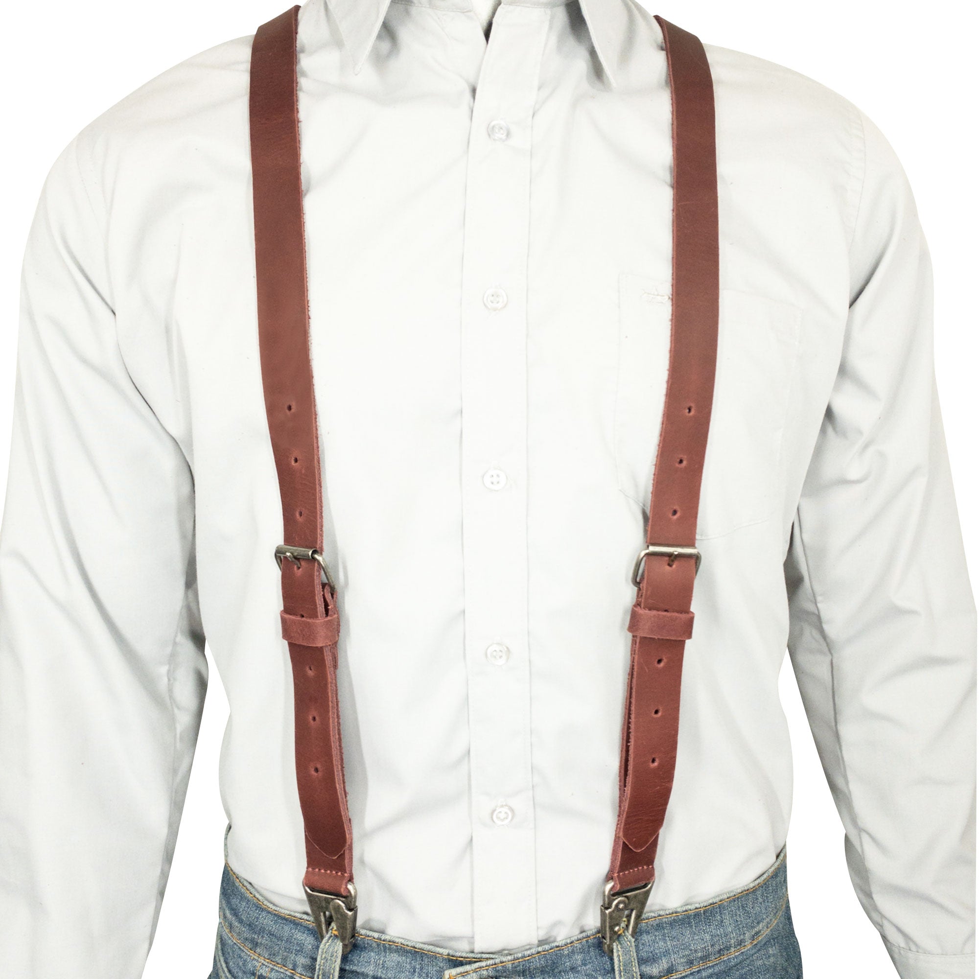 Close-up of Hide & Drink Rustic Slim Suspenders in rust, showcasing the hand sewn craftsmanship and fine detailing. Ideal for use in formal occasions like weddings.