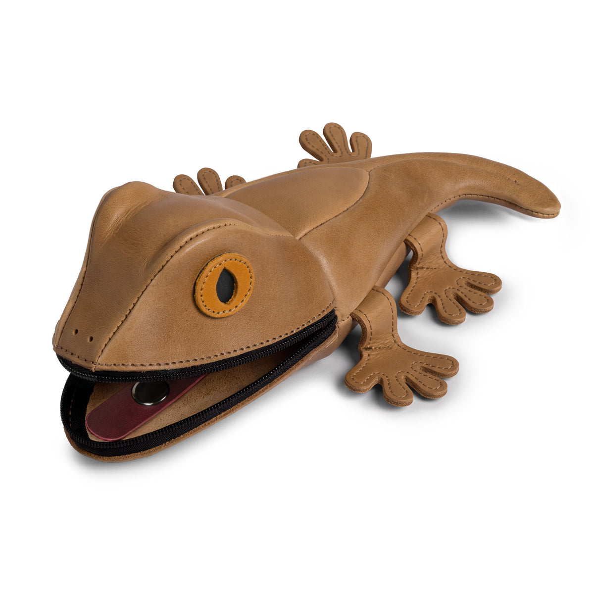 Tudi Frudi Gecko Pouch open with a small leather accessory inside, highlighting its use as a Gecko Pencil Pouch, Small Pen Organizer, Zippered Holder Wallet for Coins, Change Purse, and one of the practical Money Pouches for Men and Women; the Full Grain Leather Cable Holder reflects StockyardX Small Batch Production, Hand Cut, Hand Sewn, Fire Branded Artisan craftsmanship, Handmade in La Antigua Guatemala & Oaxaca Mexico.