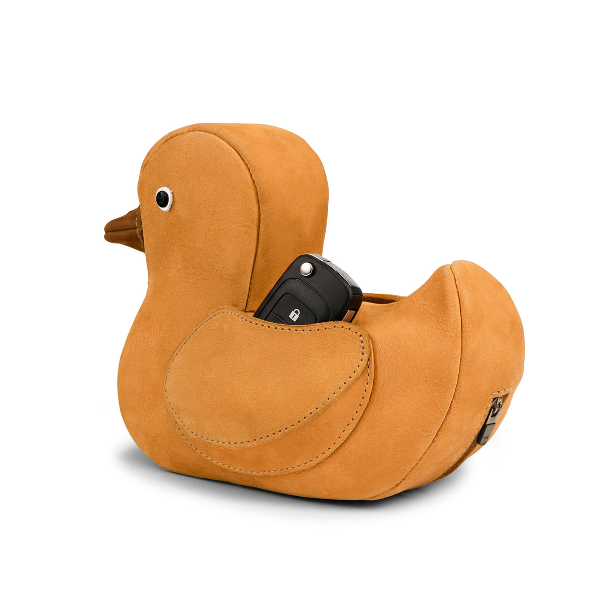 Tudi Frudi Leather Rubber Ducky Pouch shown holding a car key, featuring a Leather Rubber Ducky Pencil Pouch design, Small Pen Organizer, and Zippered Holder Wallet for Coins, Change Purse, Money Pouches for Men and Women, Saving Box, and Cable Holder made with Full Grain Leather; StockyardX, Small Batch Production, Hand Cut, Hand Sewn, Fire Branded, Artisan, Handmade in La Antigua Guatemala & Oaxaca Mexico.