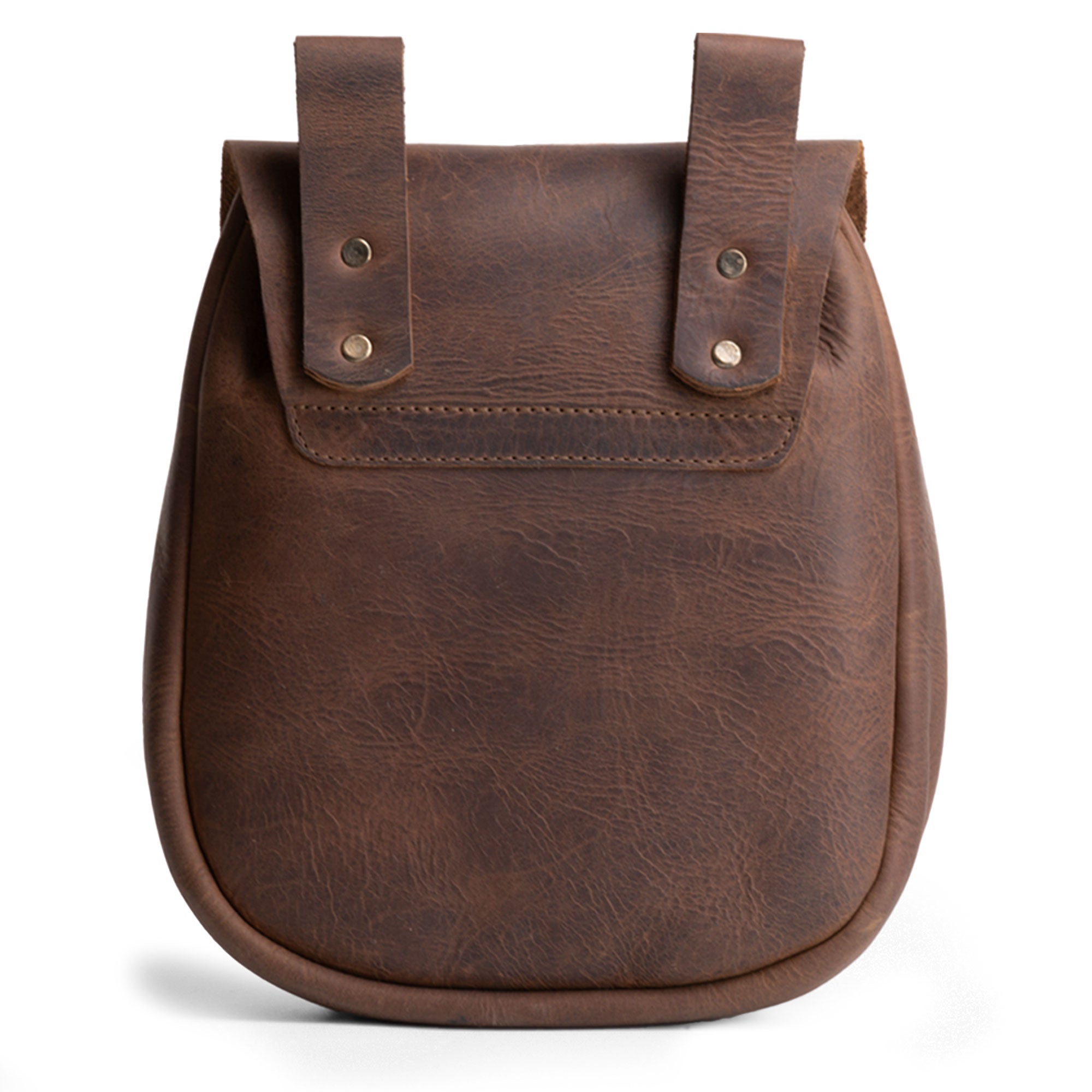 Back view of the Valhalla Gear Bushcraft Bag, a portable safe pouch crafted from durable full grain leather. Ideal for securely storing coins and bills, this handcrafted item reflects artisan quality from La Antigua Guatemala.