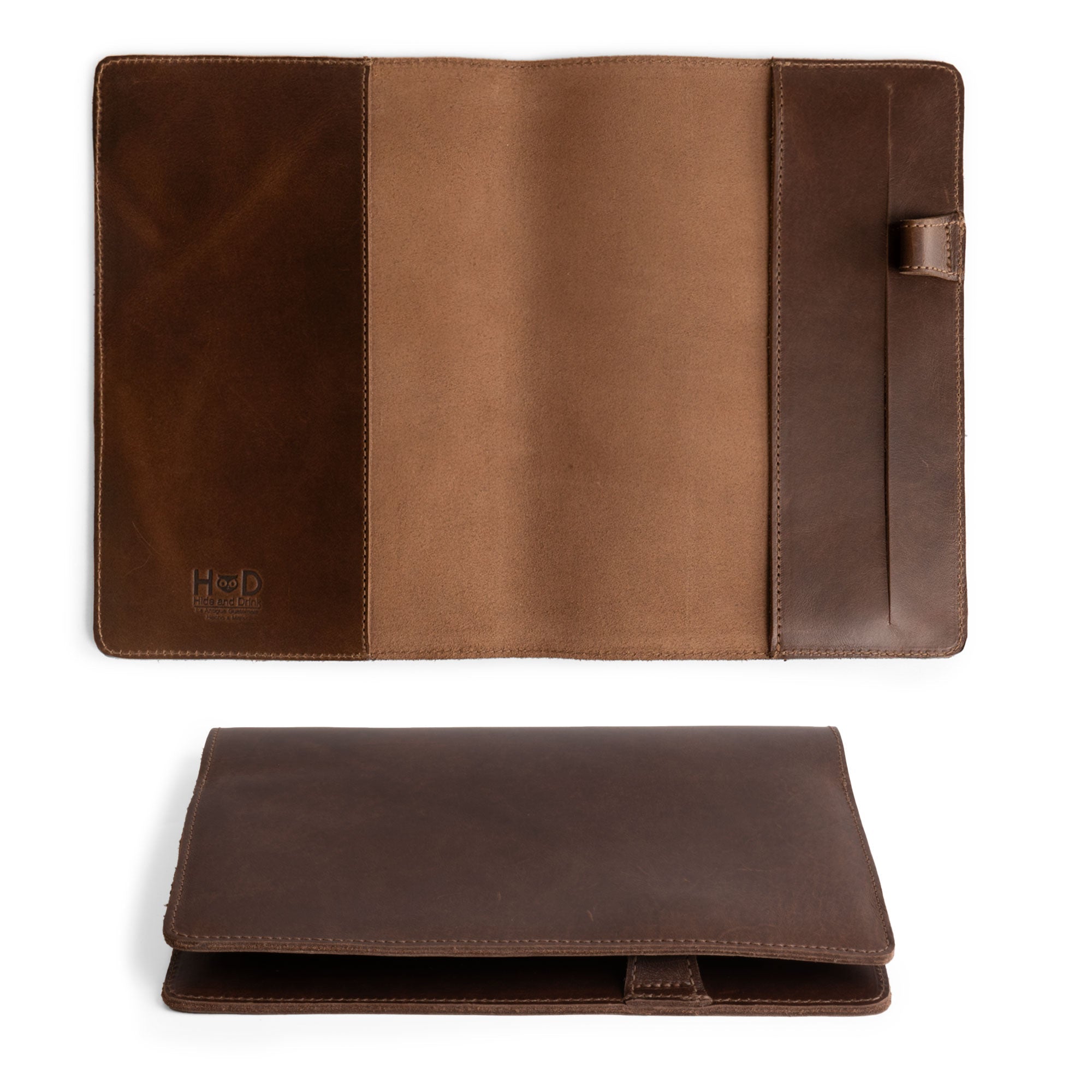 Leuchtturm A5 Hardcover Case by Hide & Drink, displaying the sleek exterior alongside the pen holder pocket. This Case for Hardcover Leuchtturm A5 (5.75 x 8.25 in.) Notebook serves as a protective cover for journals and personal planners, crafted from high-quality full grain leather. StockyardX, Small Batch Production, Hand Cut, Hand Sewn, Fire Branded, Artisan, Handmade in La Antigua Guatemala & Oaxaca Mexico.