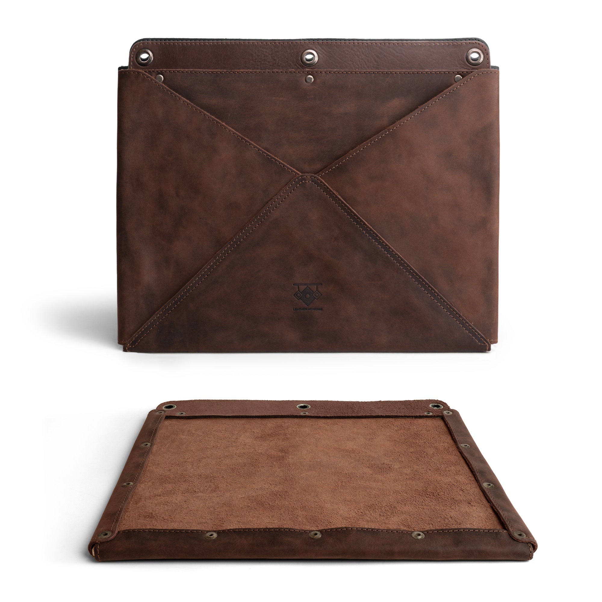 The back view of the Wall File Organizer from Leather At Home showcases its premium full grain leather material. This Wall File Organizer is not just a Leather Wall Organizer for Office but also acts as a Stylish Leather Folder for Wall, highlighting quality craftsmanship and durability. Proudly handmade in La Antigua Guatemala & Oaxaca Mexico.