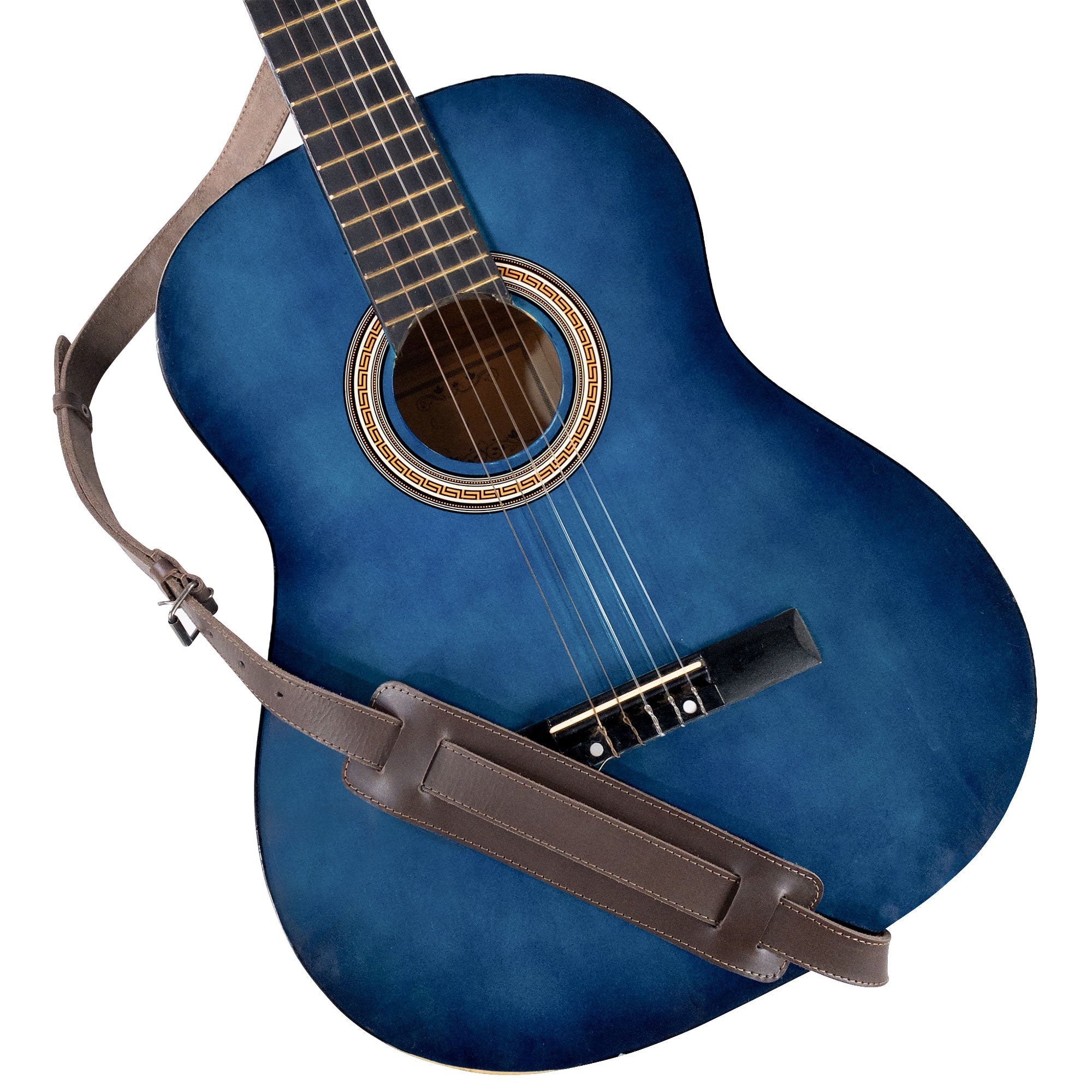 An acoustic guitar featuring the tocame Adjustable Guitar Strap that highlights its beautiful craftsmanship in full grain leather. This adjustable strap for musicians ensures comfort and style, whether you're playing electric or acoustic guitars.