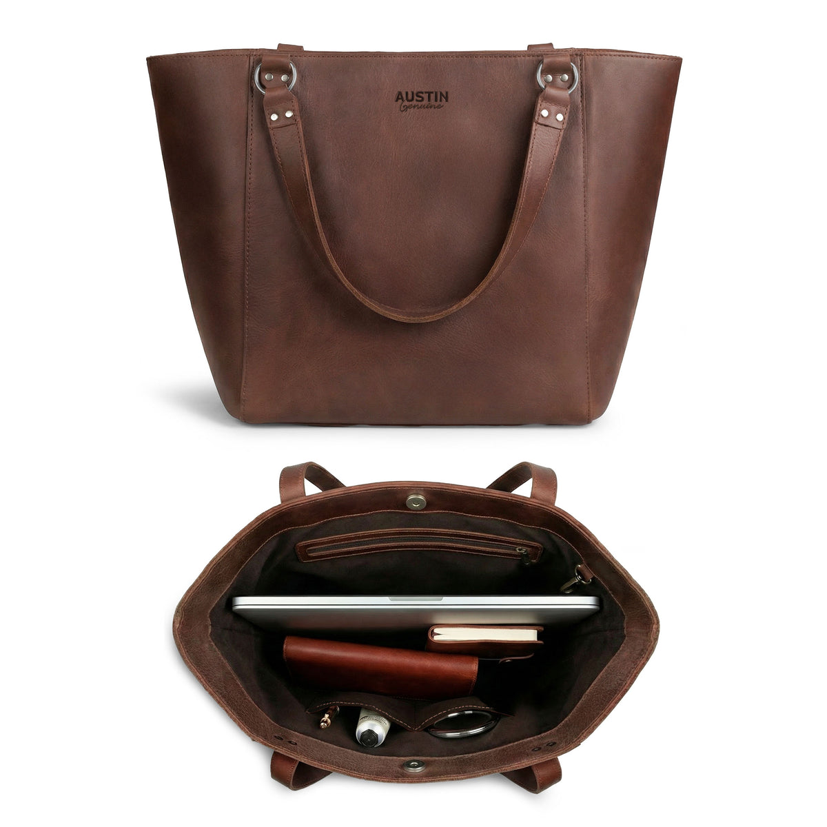 Austin Genuine Formal Handbag brown leather tote shown from the back, featuring long shoulder straps and a spacious structured design; a Formal Tote Bag, Female Bag, Travel and Shopping Accessory, and Handbag for Women. Formal Handbag, Full Grain Leather, StockyardX, Small Batch Production, Hand Cut, Hand Sewn, Fire Branded, Artisan, Handmade in La Antigua Guatemala & Oaxaca Mexico.