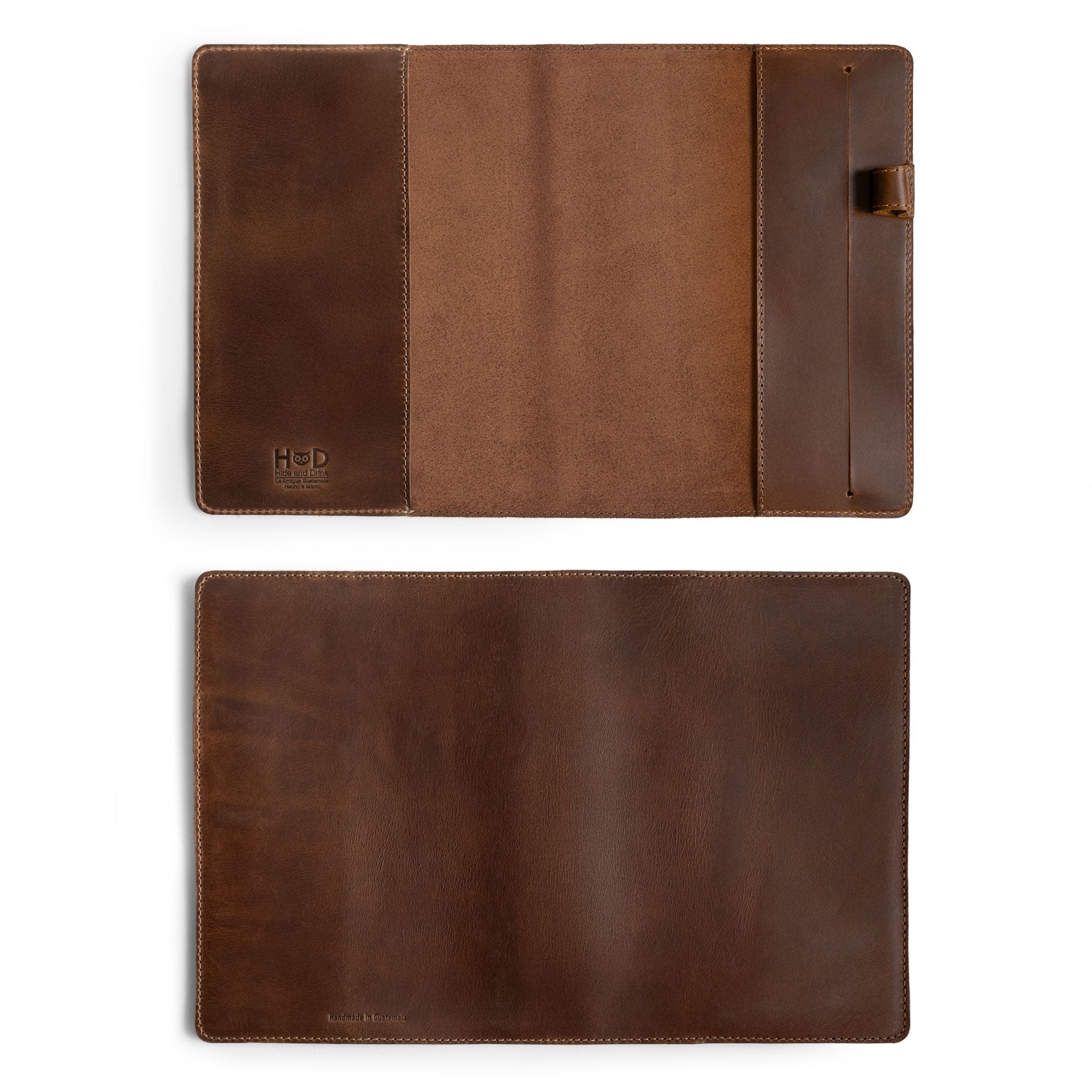 Inside view of the Cover for Leuchtturm1917 Notebook 411 Hardcover A5 Size (145 x 210 mm) by Hide & Drink, emphasizing its rich full grain leather texture. Designed as a durable journal case, this handmade product features exquisite craftsmanship with a focus on small batch production, suitable for anyone who values quality.