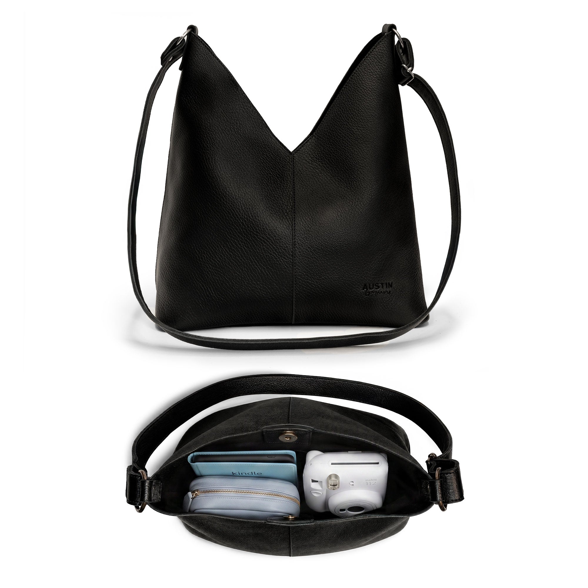 Austin Genuine The Tarrytown Hobo Bag shown with its long adjustable shoulder strap and spacious black leather design. The Tarrytown Hobo Bag Full Grain Leather, StockyardX, Small Batch Production, Hand Cut, Hand Sewn, Fire Branded, Artisan, Handmade in La Antigua Guatemala & Oaxaca Mexico.