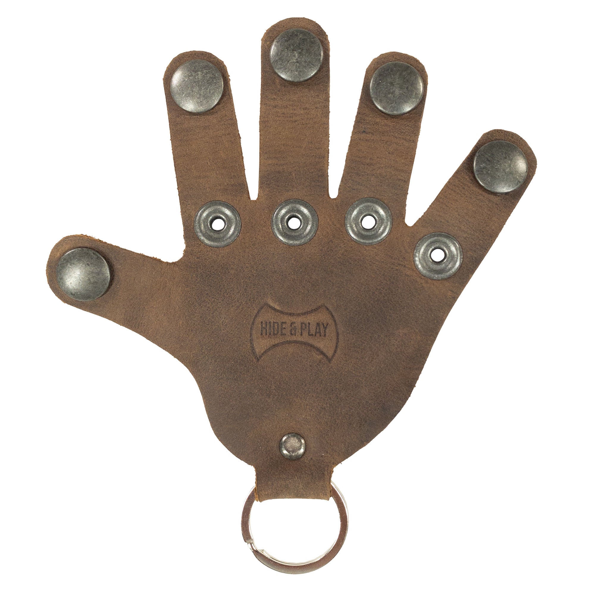 Another elegant Hand Keychain by Hide & Play, crafted from full grain leather in a fun hand shape. This versatile Full Grain Leather Hand Shape Keychain serves as a keyring, key organizer, and key holder. Each piece is lovingly handmade, reflecting the artisan traditions of La Antigua Guatemala & Oaxaca Mexico, highlighting hand cut and hand sewn techniques.