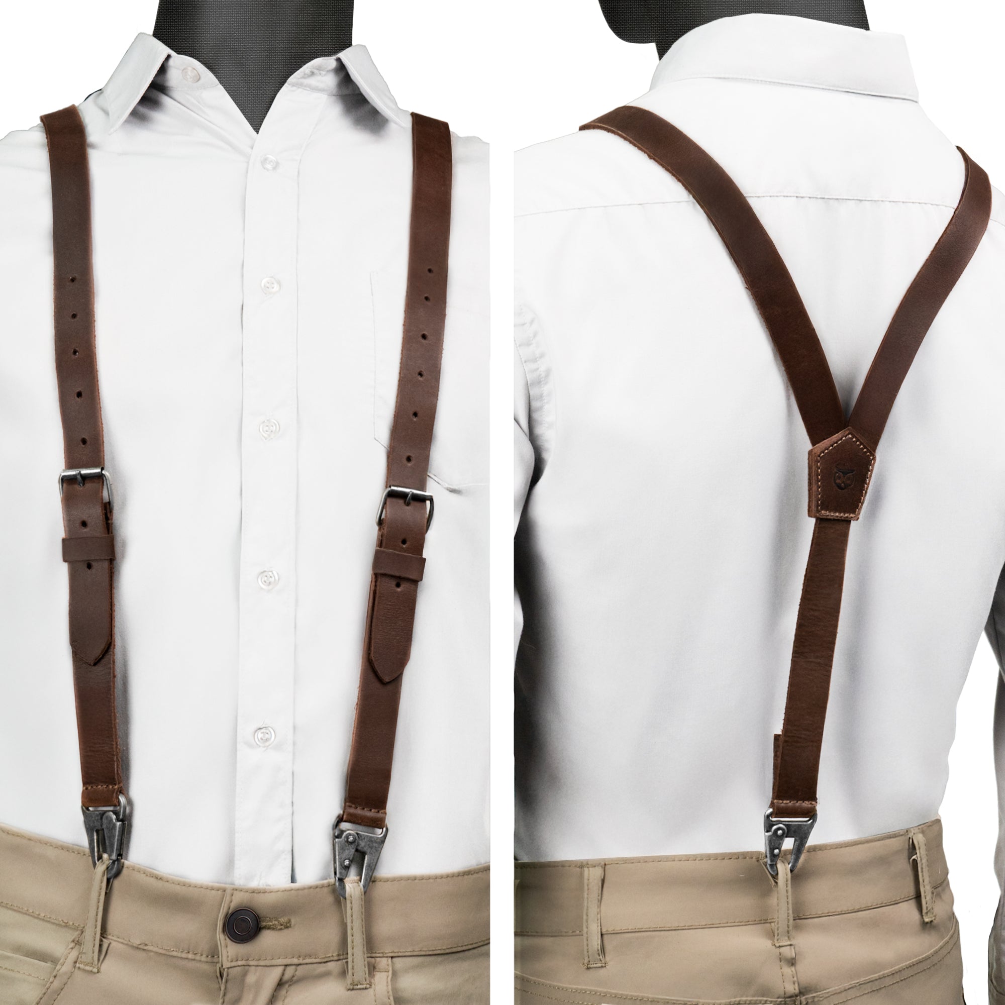 Hide & Drink Rustic Slim Suspenders showcased on a mannequin, made from durable Full Grain Leather. Perfect for grooms seeking a sophisticated look at weddings, providing essential shoulder support. Artisan crafted in small batches.