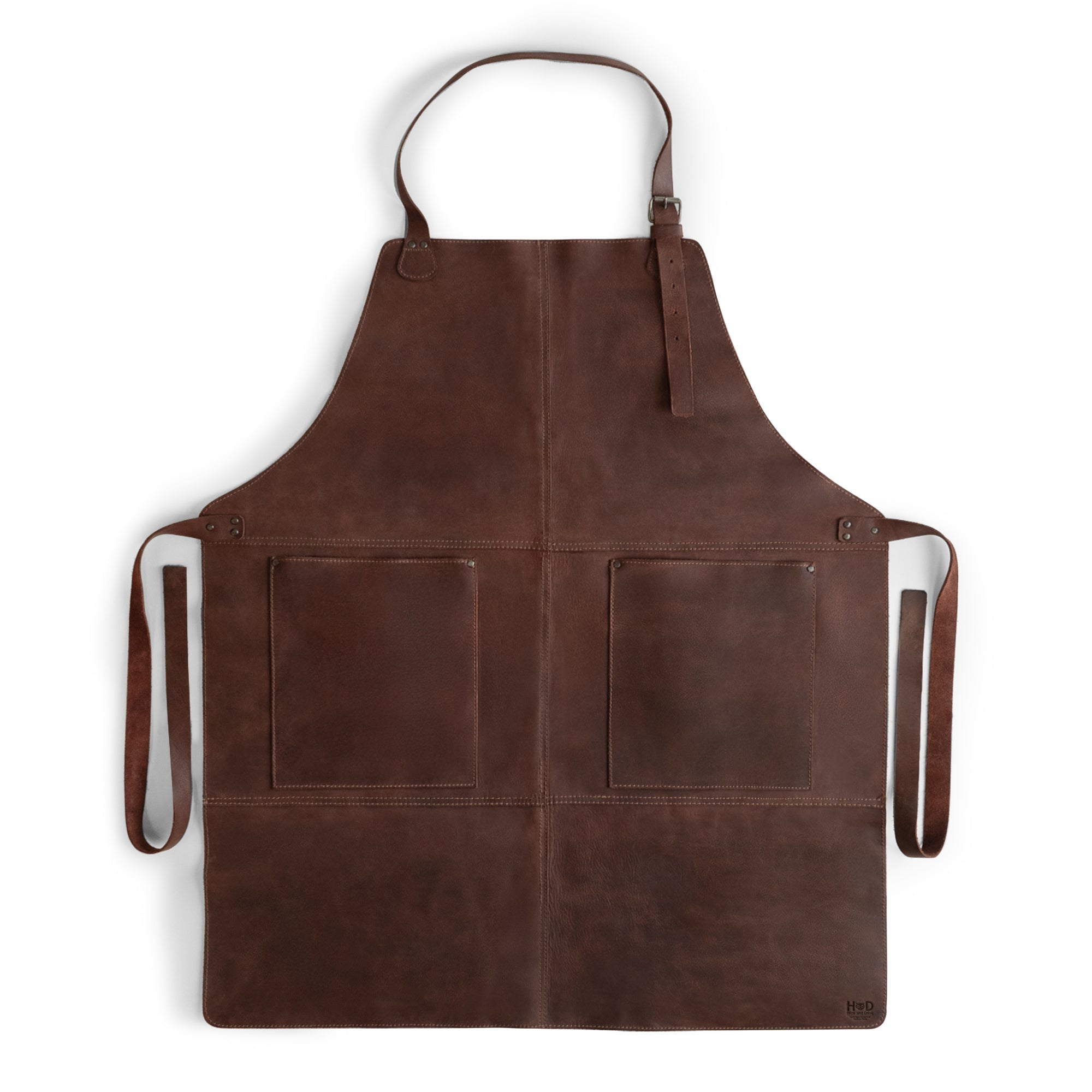 Hide & Drink Leather Apron showcasing a clean front view with spacious pockets and adjustable straps, made from high-quality full grain leather. An essential item for anyone in need of a reliable Leather Apron, handmade with care.