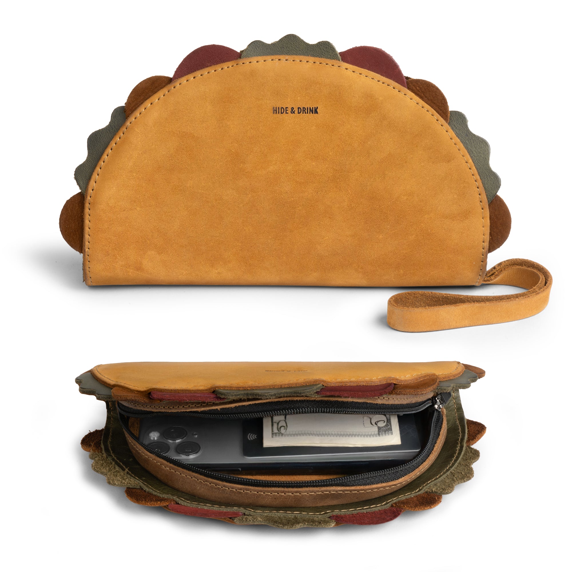 Explore the interior of the Multipurpose Taco Wallet by Hide & Drink, showcasing its thoughtful design and Full Grain Leather craftsmanship. A playful yet practical accessory, perfect for travel and back-to-school, making it an ideal gift option for graduation or for him. Adding this wallet to your accessories collection enhances your style with a unique flair in the wallets and women's collection.