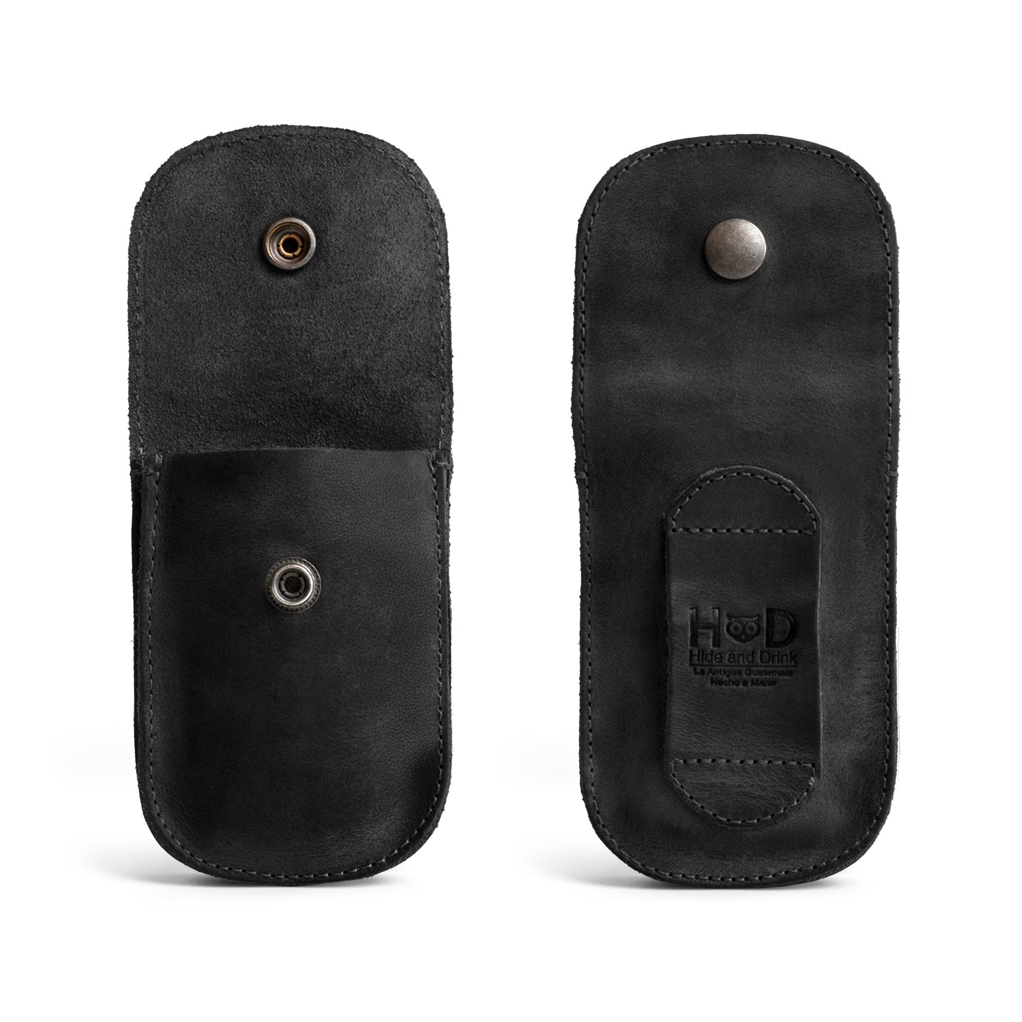Back view of the stylish Black Holster Pouch by Hide & Drink, showcasing its practical design for coins and tools. This handmade pouch is crafted from full grain leather, making it a durable option for everyday carry.