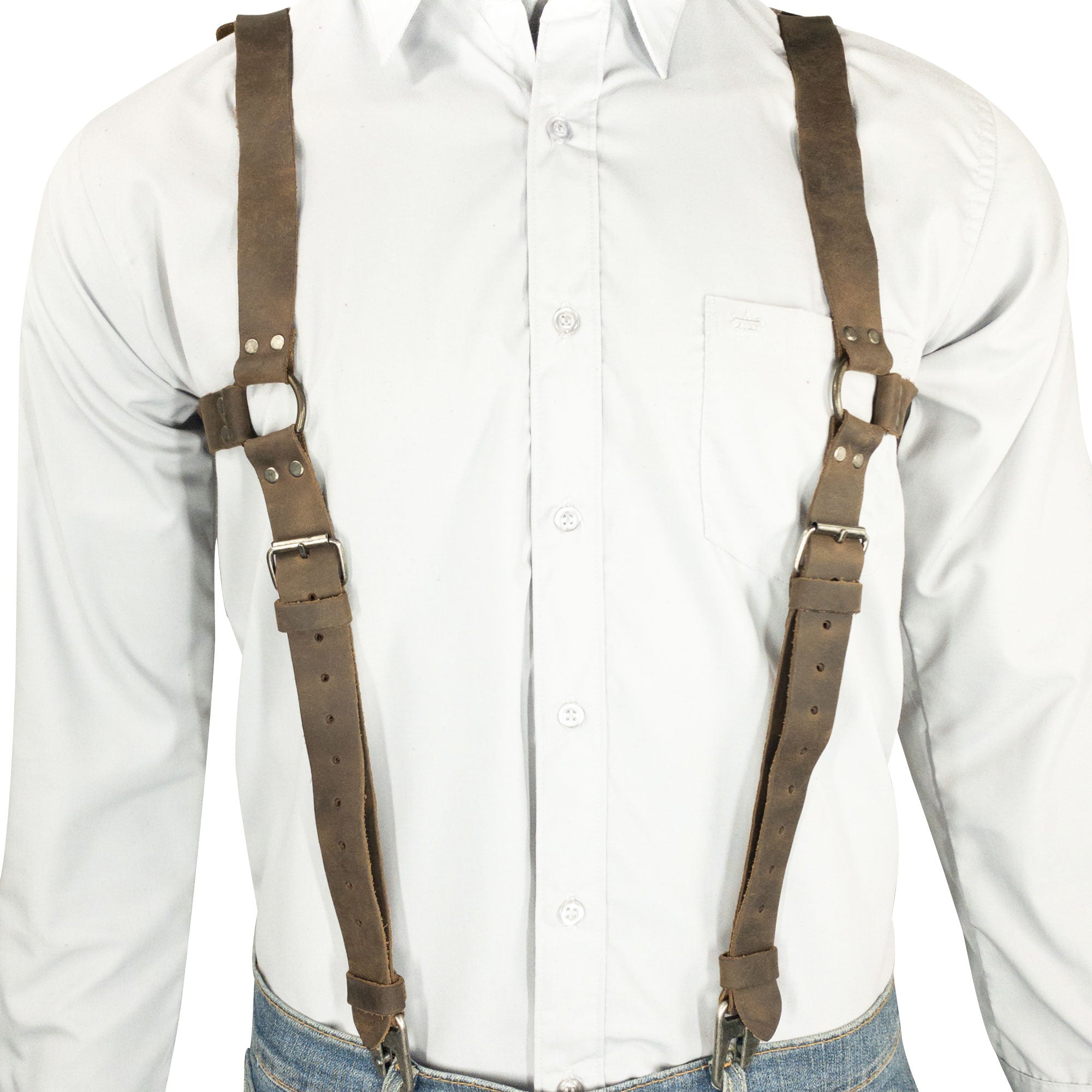 A model wearing Vintage Renaissance Suspenders by Hide & Groom. These full grain leather suspender straps with metal hooks add vintage flair, supporting the back while being perfect for steampunk style and small batch artisan production.