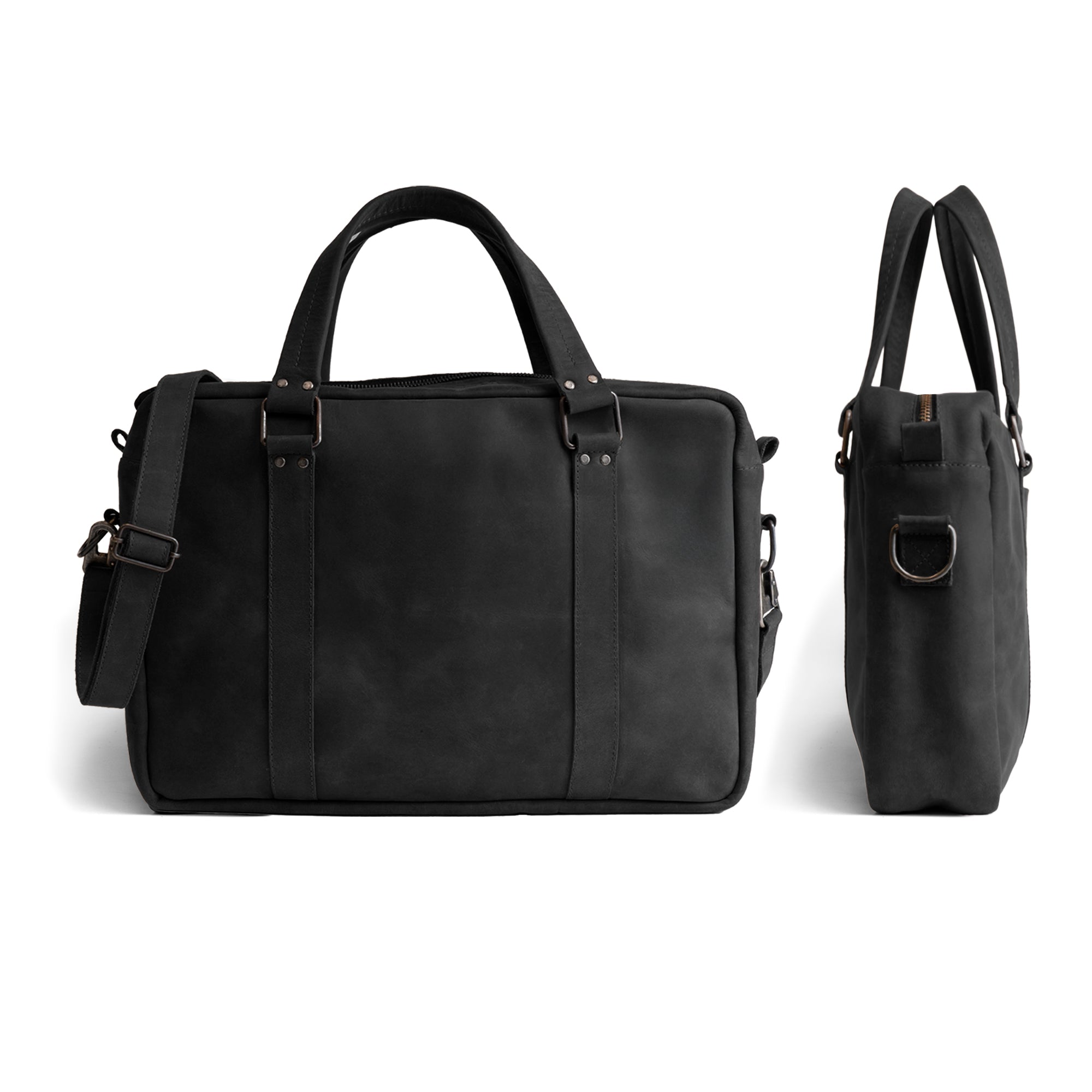 Showing the side profile of the Classic Leather Briefcase by Hide & Drink, a well-crafted messenger bag made from Full Grain Leather. It features an adjustable shoulder strap for convenience and a water resistant canvas interior, ideal for both travel and work. This artisan briefcase is handmade in La Antigua Guatemala, showcasing the brand's commitment to small batch production.