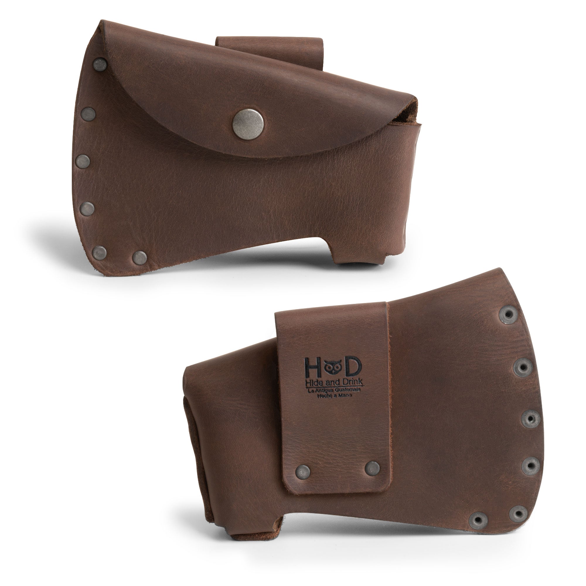 Hide & Drink Hatchet Head Sheath featuring an elegant design with full grain leather, ideal as a holster for 1.5 in. belts. This axe head case serves as a blade cover for lumberjack outdoors work essentials, crafted in small batches and handmade in La Antigua Guatemala & Oaxaca Mexico.