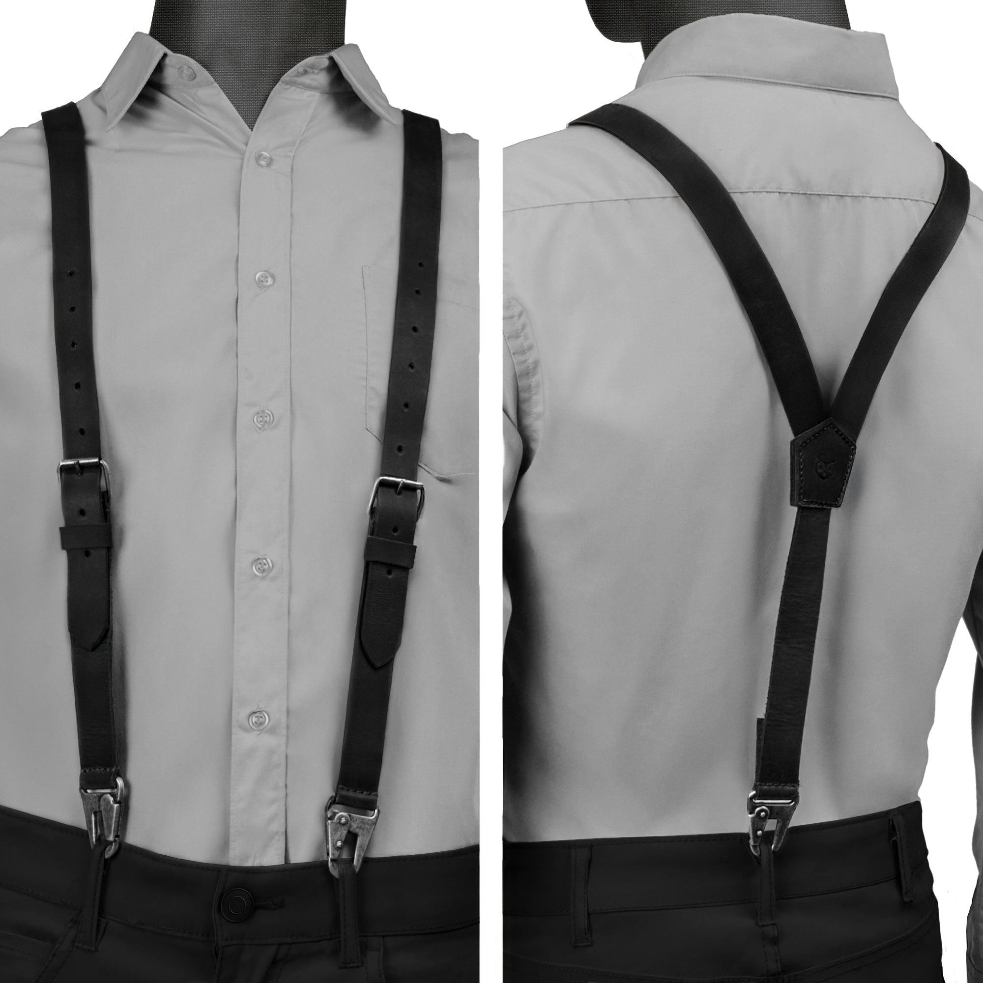 Hide & Drink Rustic Slim Suspenders on a mannequin in black, hand sewn with Full Grain Leather for added durability and style. Excellent choice for grooms looking for a formal touch at their wedding.