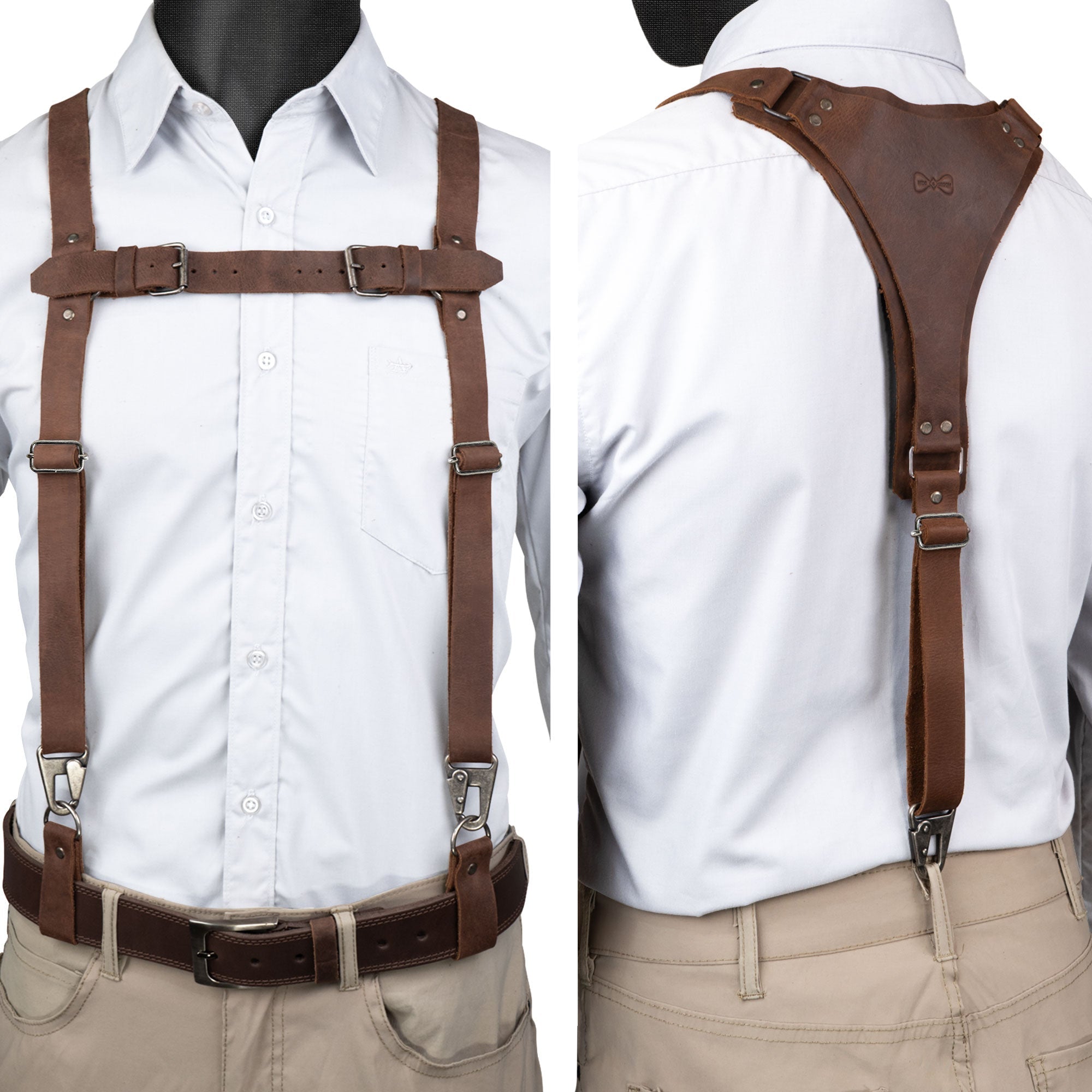 Stylish Riveted Suspenders by Hide & Groom displayed on a mannequin, showcasing Y Back design with Adjustable Size Straps for Men, ideal for Wedding and Steampunk Harness outfits.