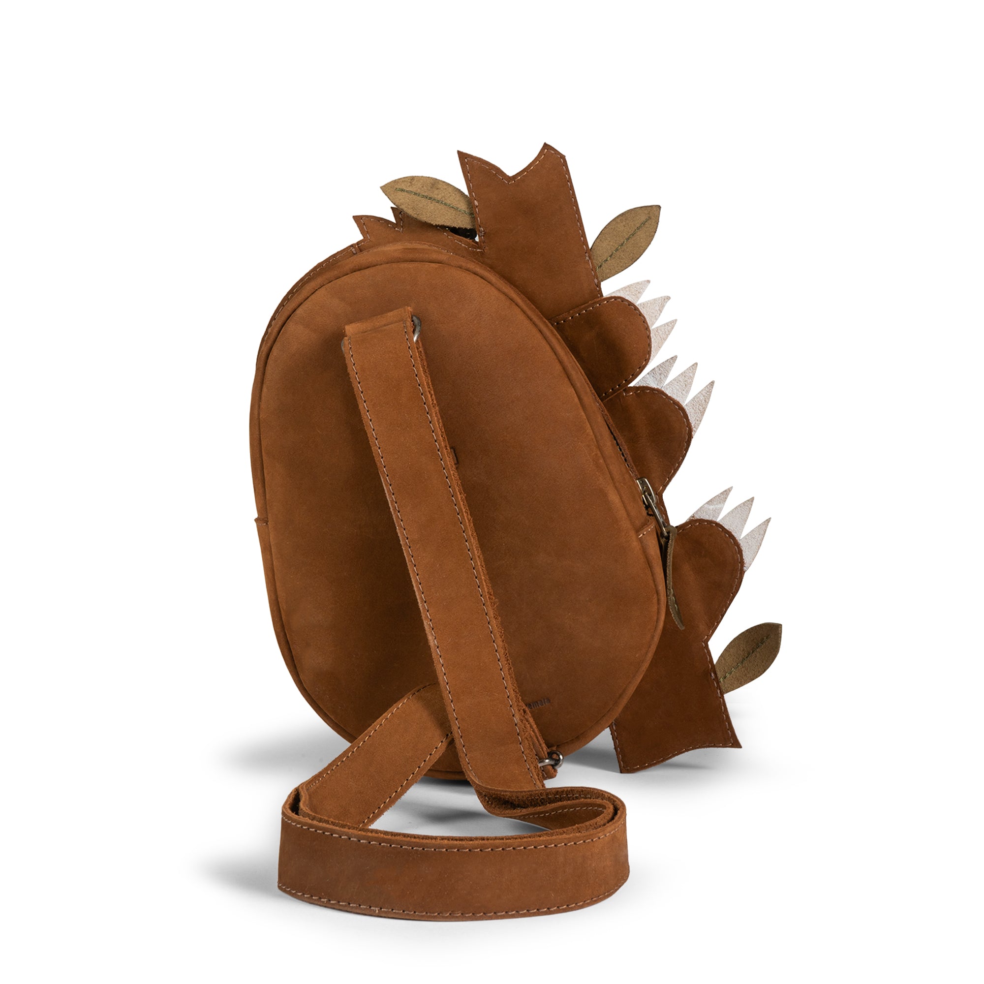 Back view of the Leather Sloth Crossbody Bag by Tudi Frudi, highlighting its stylish contours and adjustable strap. This versatile Sloth Crossbody Bag with Adjustable Shoulder Strap is designed for practicality as a Zippered Sling Bag or Travel Backpack, handcrafted from Full Grain Leather, ensuring each piece is a unique work of art through artisan techniques in Small Batch Production.