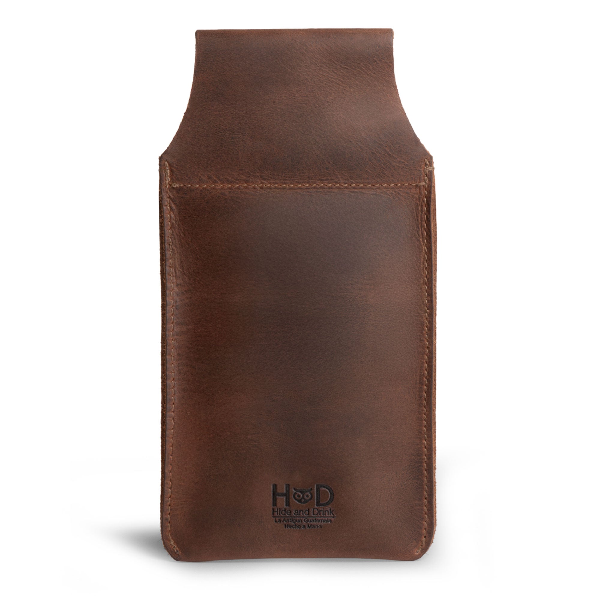Back of the Hide & Drink Waist Phone Holder showcasing its minimalist design and brand logo. Made from Full Grain Leather, this Cellphone Sleeve with Belt Loop for Waist offers durability and style. Each piece is handcrafted with care in La Antigua Guatemala & Oaxaca Mexico, embodying the essence of artisan craftsmanship in small batch production.