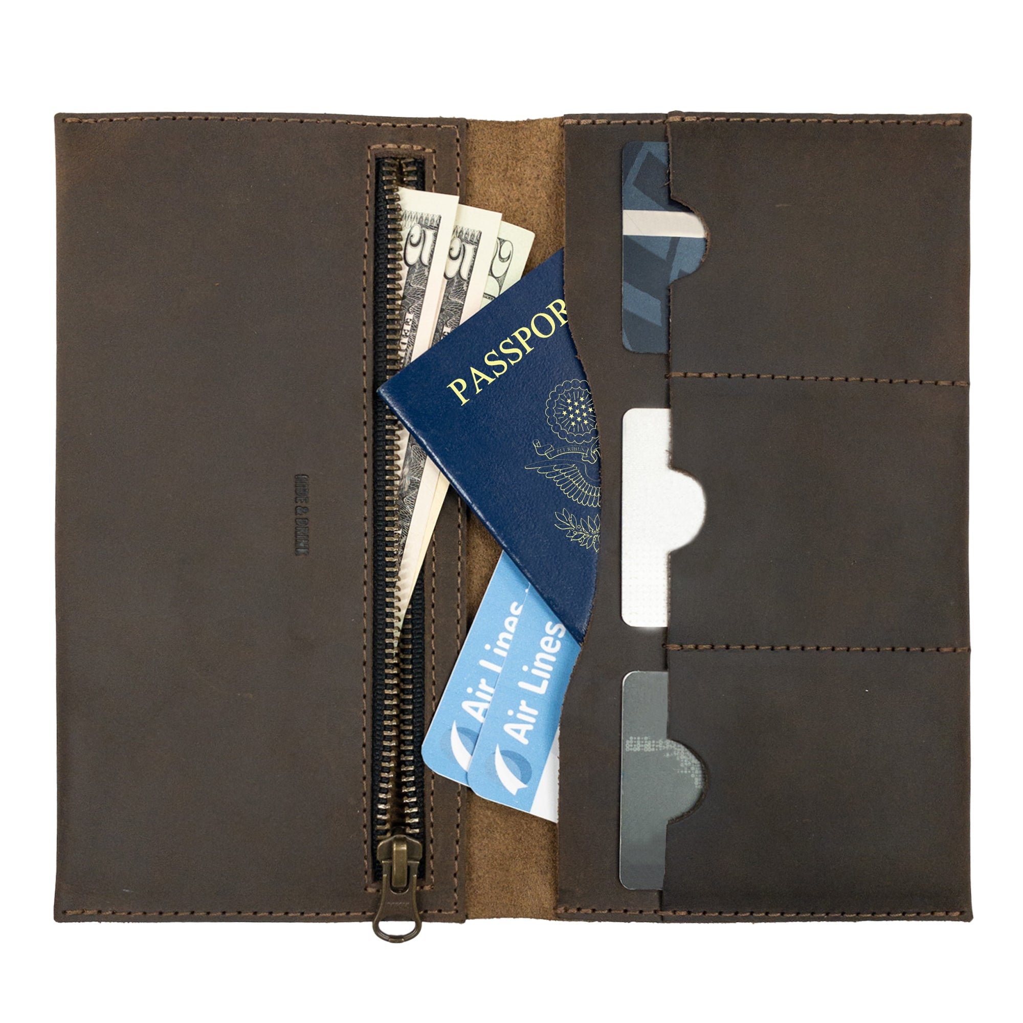 Inside view of a Hide & Drink Large Wallet for Passport with Credit Card Slots, showcasing the full grain leather with compartments for cards and a passport, made from artisan craftsmanship in La Antigua Guatemala & Oaxaca Mexico.