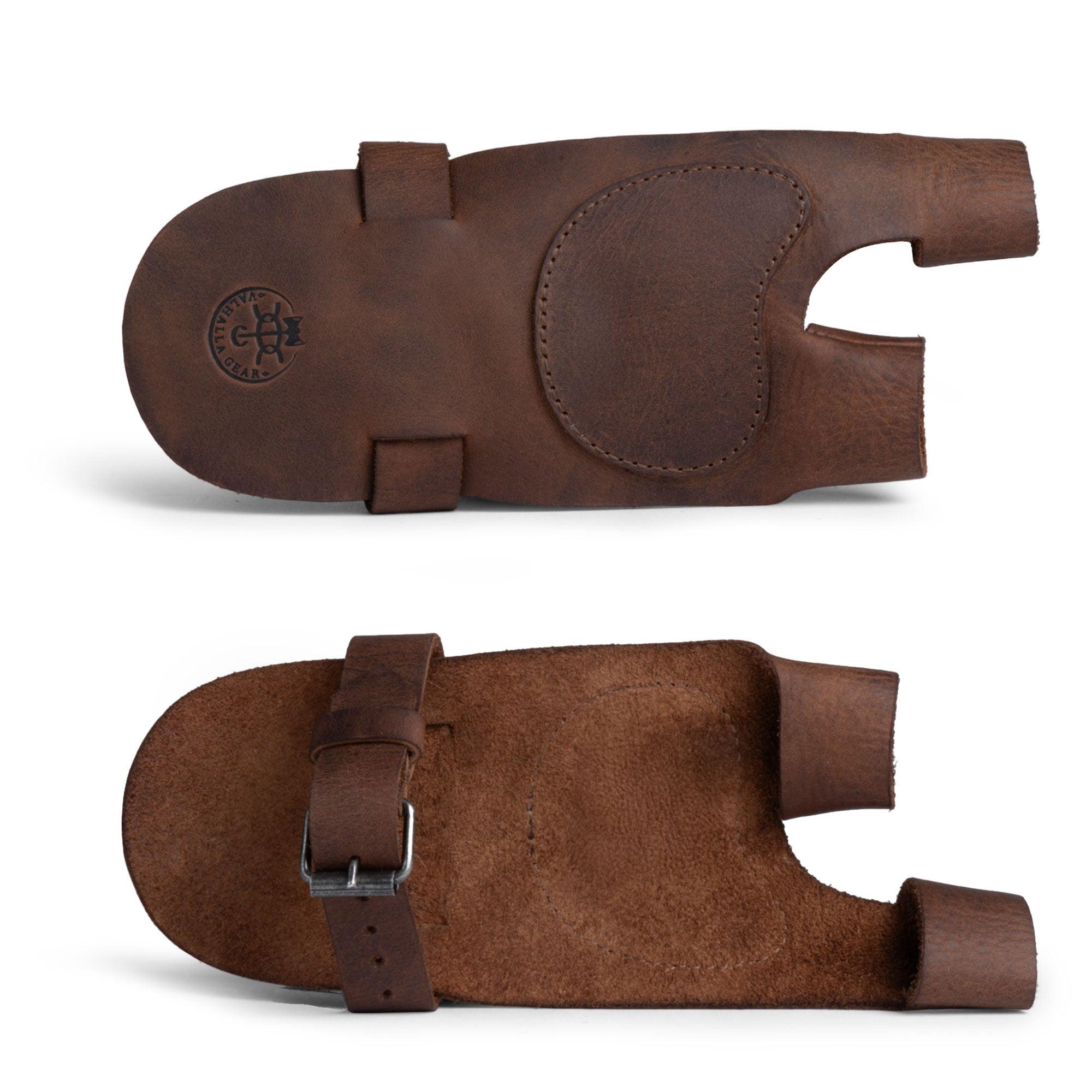 An overhead shot of the Reinforced Archery Shooting Glove displaying its durable design. Perfect as a Hand Guard for archers, it highlights its Full Grain Leather craftsmanship, essential for Wrist and Finger Protection during shooting, emphasizing artisan quality with hand-cut and hand-sewn features from Small Batch Production.