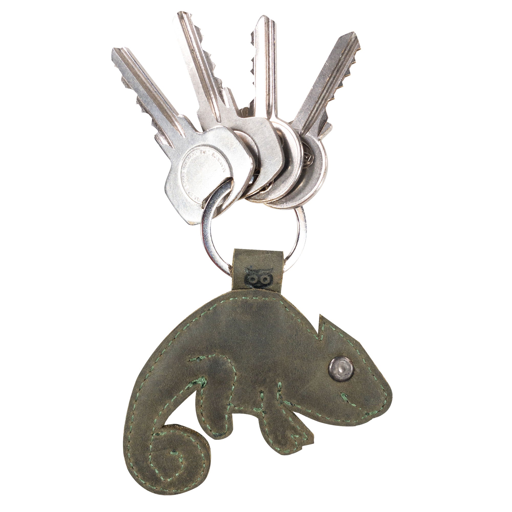 Chameleon Keychain by Hide & Drink displayed with keys, illustrating its practical use as a key holder. This handcrafted full grain leather accessory is perfect for wildlife enthusiasts, combining unique design with functional style. A splendid example of artisan craftsmanship from La Antigua Guatemala & Oaxaca Mexico.