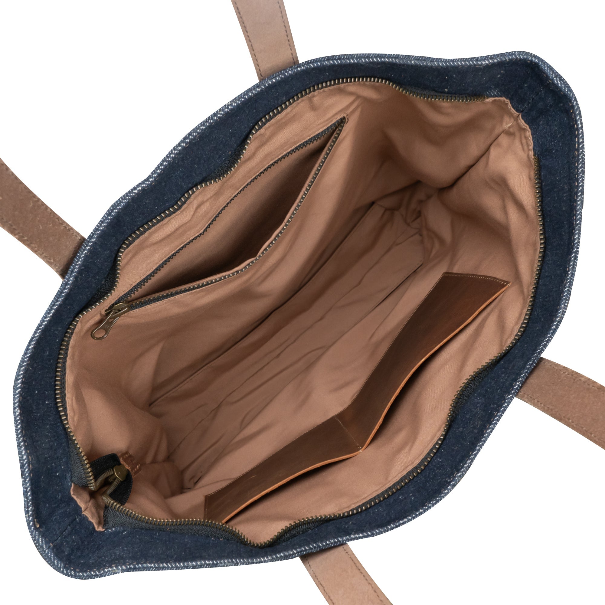 Interior view of the Denim Tote Bag with Leather Straps by Hide & Drink showcasing its spacious layout with compartments. Durable Denim Tote Bag with Leather Straps, Cell Phone Purse, Shoulder Bag for Girls, Full Grain Leather, StockyardX, Small Batch Production, Hand Cut, Hand Sewn, Fire Branded, Artisan, Handmade in La Antigua Guatemala & Oaxaca Mexico.