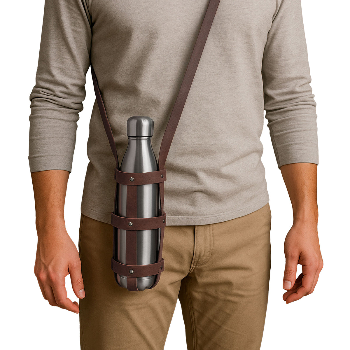 Brown Leather Water Bottle Holder with Tree Charm Personalized leather water bottle carrier holder for walking  main image 2