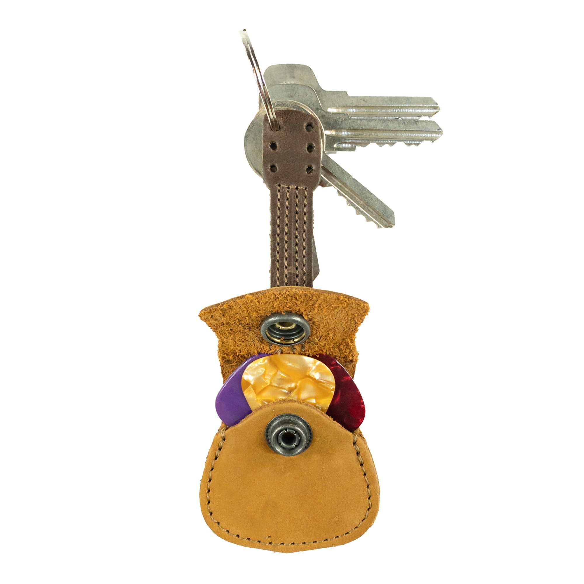 Hide & Drink Guitar Pick Holder depicted with keys, highlighting its role as a Leather Guitar Pick Holder Keychain. Made from unique full grain leather, it's a stylish picks case instrument gift idea for musicians, made in small batch production.