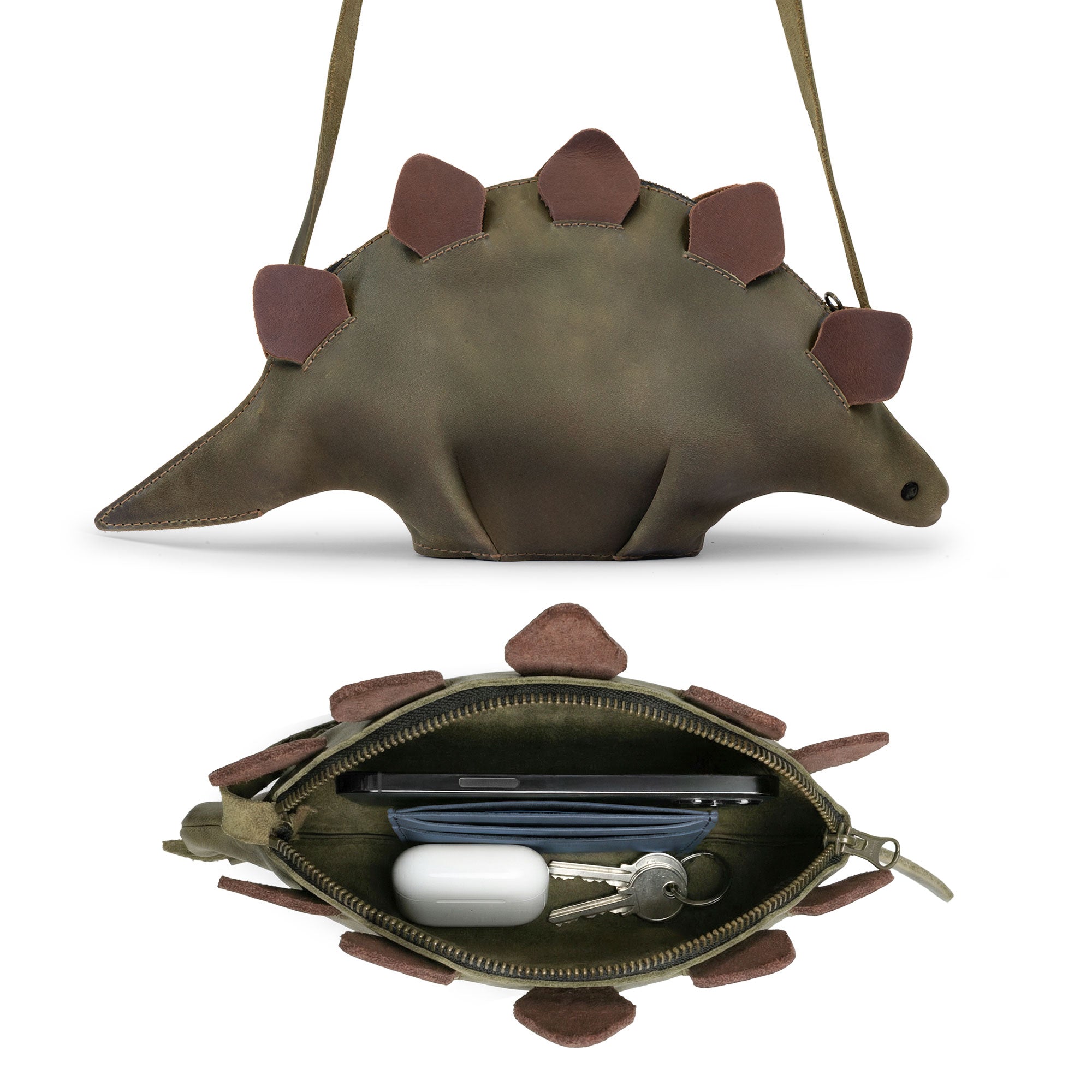 Dinosaur-Shaped (Stegosaurus) Shoulder Bag by Tudi Frudi, crafted from Full Grain Leather, showcasing its unique design as a Crossbody Bag. This stylish and functional Handmade in La Antigua Guatemala & Oaxaca Mexico offers the perfect addition to your collection.