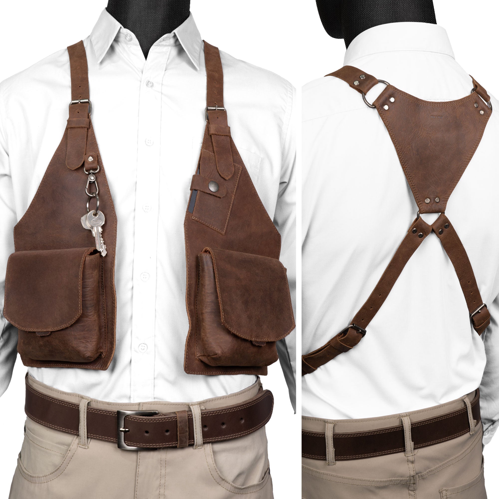 Functional Shoulder Holster with Adjustable Straps by Hide & Play, crafted from high-quality Full Grain Leather. Perfect for costume parties, this handmade accessory features unique artisan details and is produced in small batches in La Antigua Guatemala & Oaxaca Mexico.