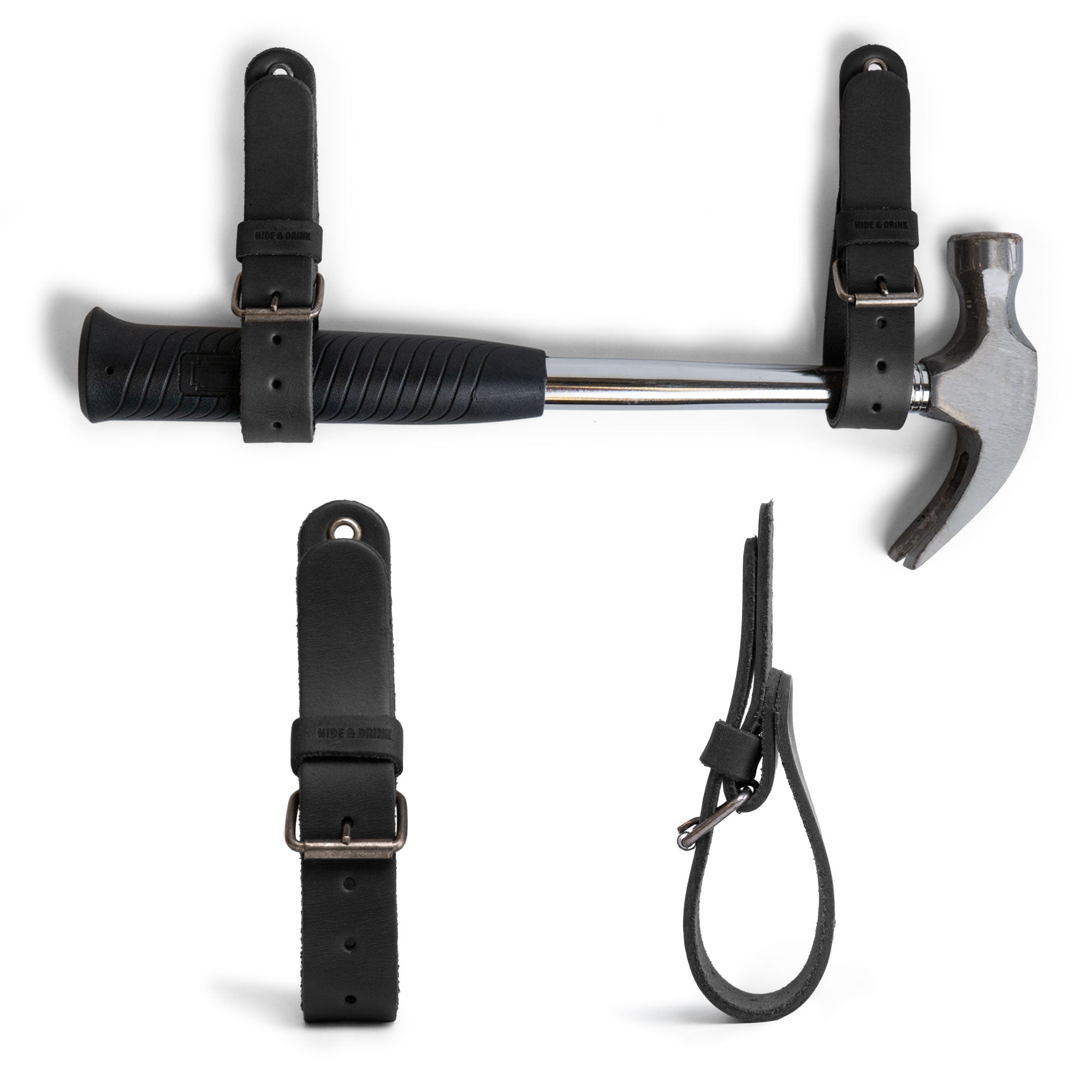 Black Hide & Drink Wall Hanging Strap with a hammer mounted, illustrating its versatility as a tool organizer. This heavy-duty wall hanging strap features a secure buckle closure designed for axes, hatchets & tools, ensuring effective garage storage organization. Crafted from full grain leather, it reflects the artisan process of hand-cutting and sewing from La Antigua Guatemala & Oaxaca Mexico.