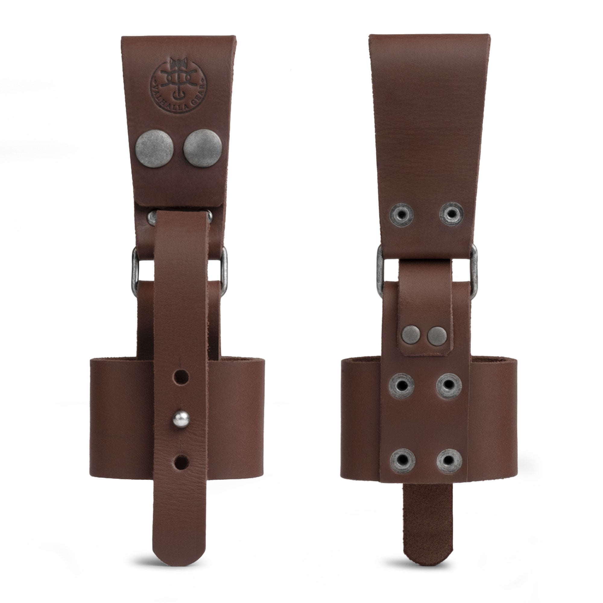 A close-up of the back view of the Valhalla Gear Axe Holder with Belt Loop, featuring sleek full grain leather. Ideal for outdoor enthusiasts looking for a reliable waist holder for axes, this artisan piece is hand cut and hand sewn in La Antigua Guatemala.