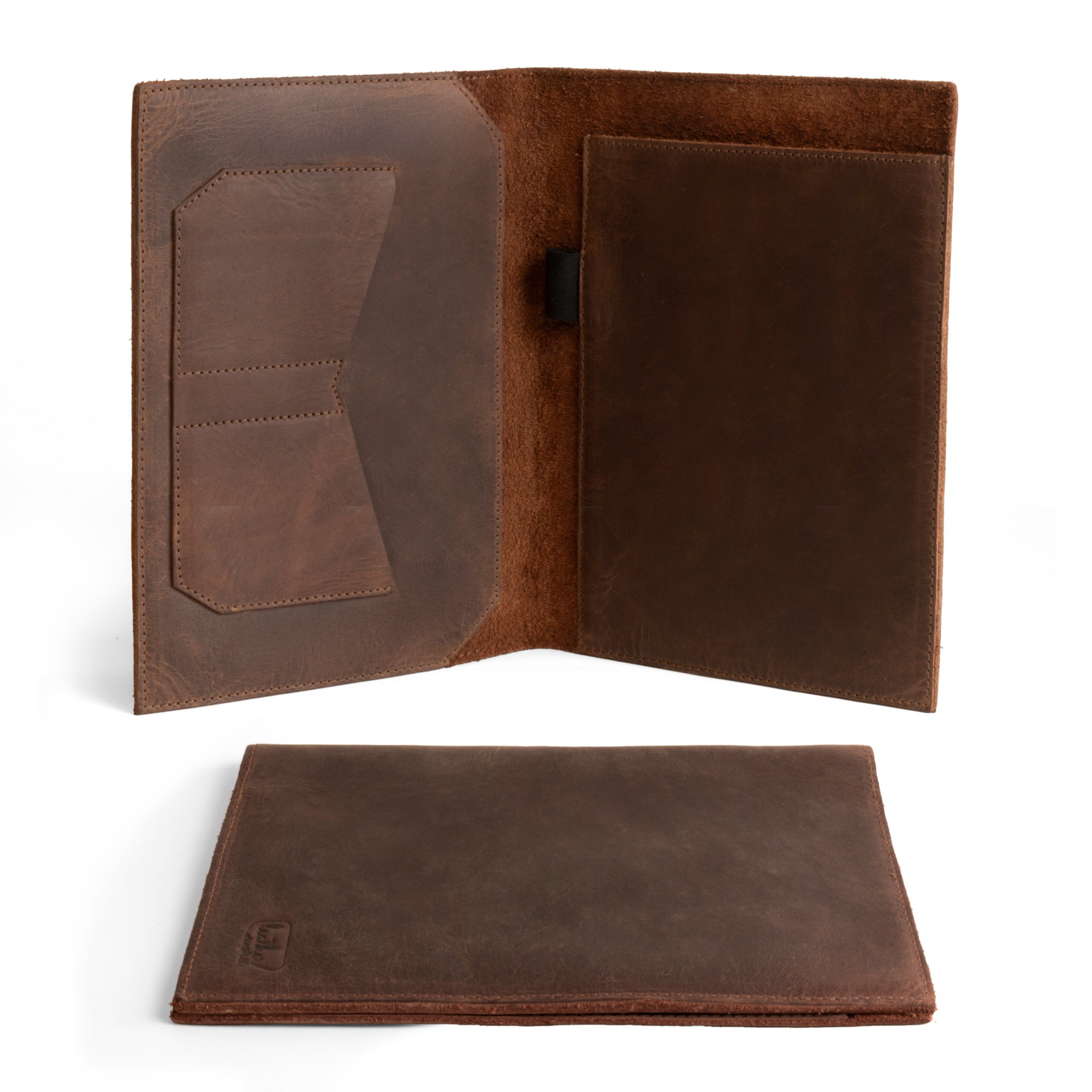 Open view of the Leather Worx Notepad Case 5 x 8 In. displaying a separate pocket for notes and a cardholder. Notepad Cover (5 x 8 In. Notepad Not Included) Sturdy, Durable Material Perfect for Storing Journal, Full Grain Leather, StockyardX, Small Batch Production, Hand Cut, Hand Sewn, Fire Branded, Artisan, Handmade in La Antigua Guatemala & Oaxaca Mexico.