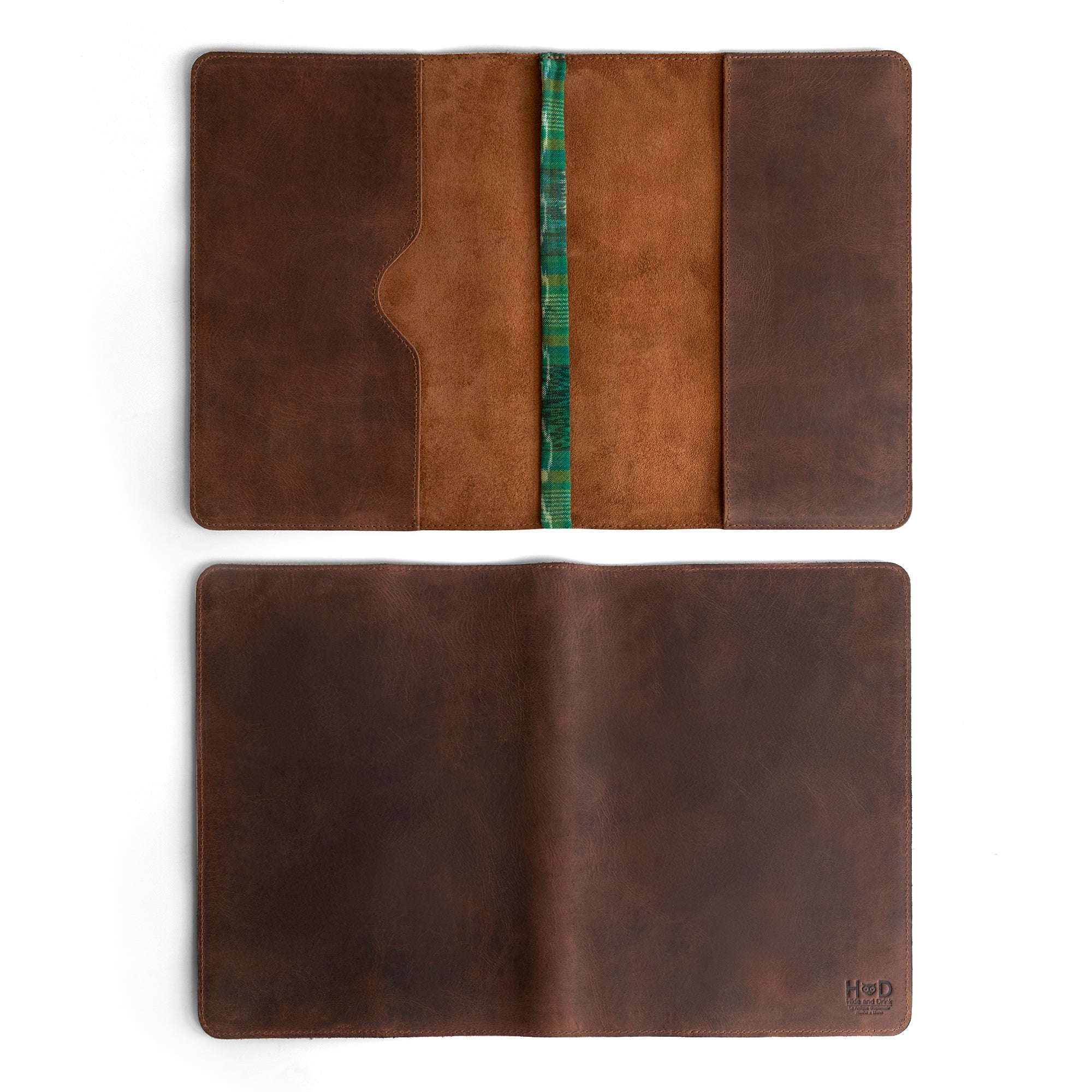 Back view of the Full Grain Leather Journal Cover for Moleskine Cahier XL (7.5 x 9.75 in.) by Hide & Drink. This durable notebook sleeve combines elegance and functionality with its intricately handcrafted design made from premium leather. A perfect choice for those who appreciate artisan quality, fire branded for authenticity, and made in Guatemala.