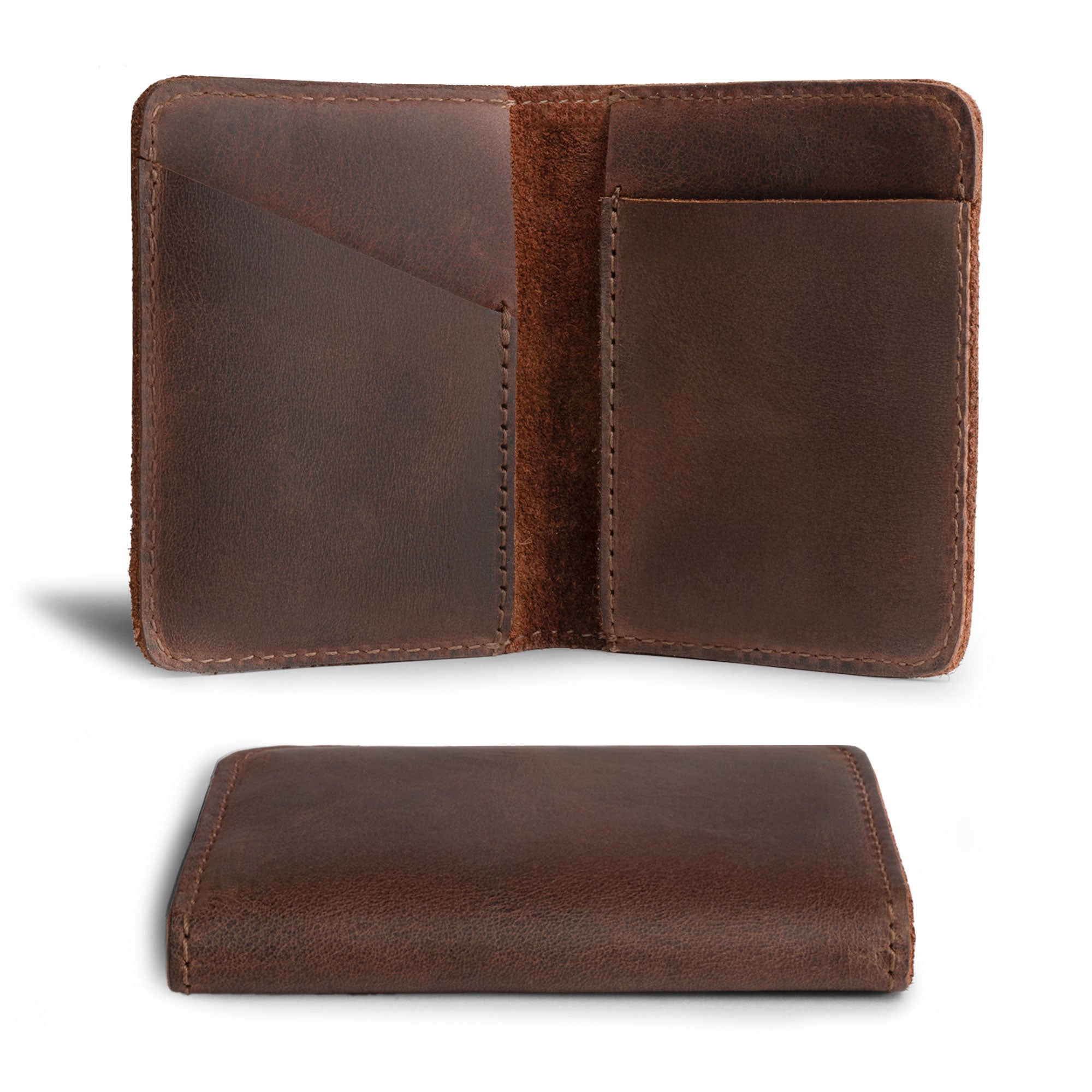 Hide & Drink Bifold Wallet showcasing a sleek interior layout, designed as a minimalist traveler wallet. Crafted from vintage full grain leather, this piece reflects high-quality small batch production.
