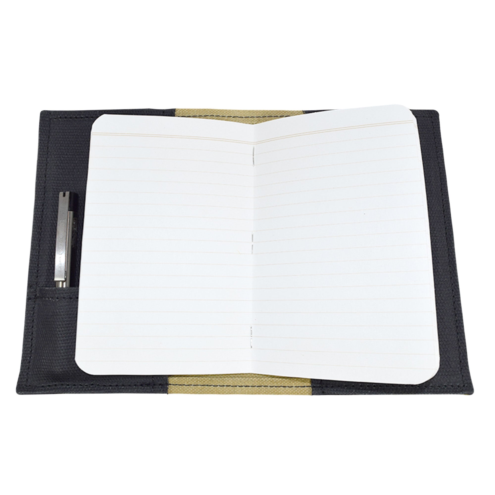 Close detail of the craftsmanship in the Hide & Drink Waxed Canvas Field Notes Cover, illustrating its durable construction and stylish appearance. Ideal for the modern traveler, this Wallet Case (3.5 x 5.5 in.) Journal Cover embodies handmade artistry.