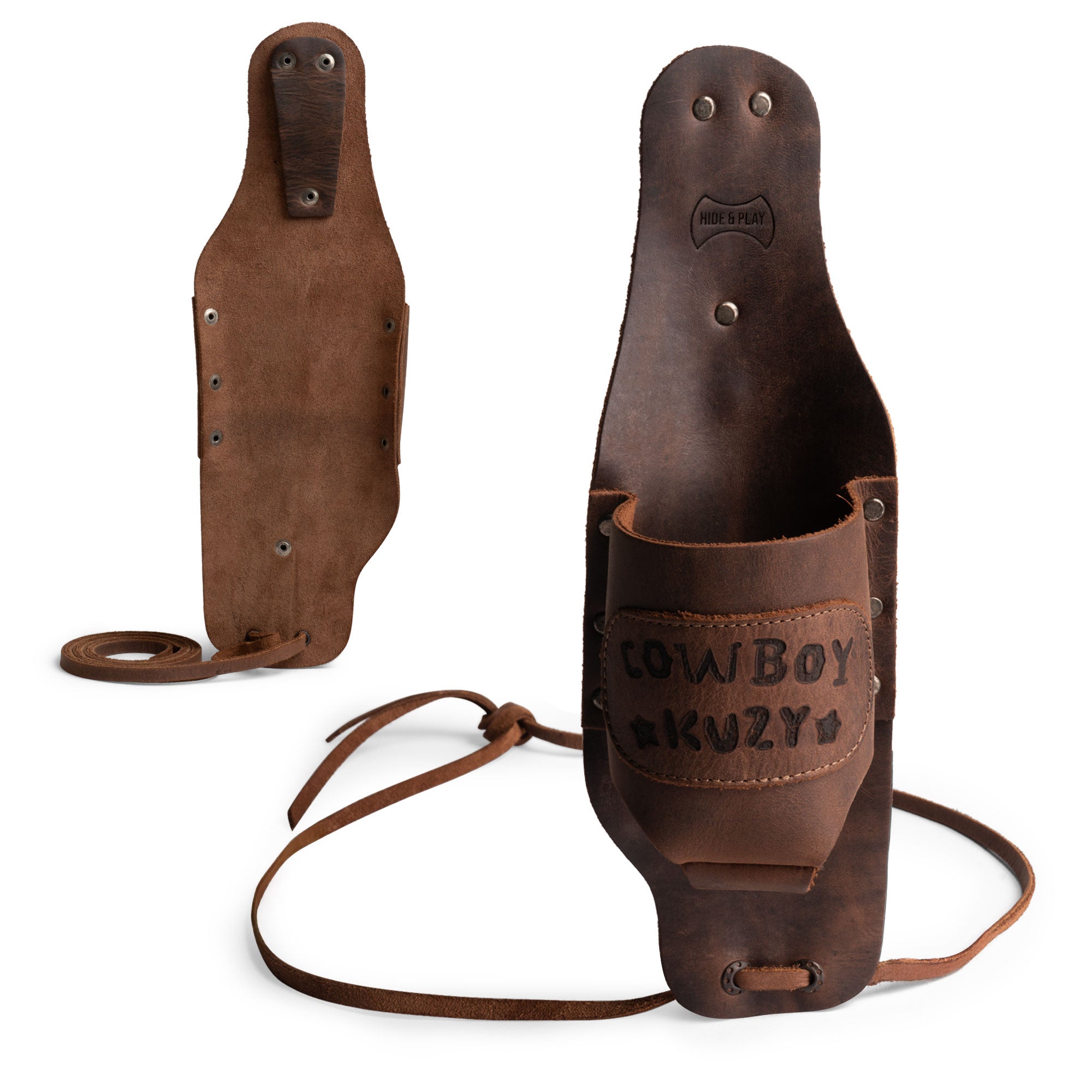 Reverse side of the Cowboy Beer Holster by Hide & Play, crafted with care from full grain leather and showcasing the handmade details. This Cowboy Beer Holster - Handsfree Beverage Holder, Bottle Leg Grip, Old School, Men's Party Gift Gear, Full Grain Leather, StockyardX, Small Batch Production, Hand Cut, Hand Sewn, Fire Branded, Artisan, Handmade in La Antigua Guatemala & Oaxaca Mexico.
