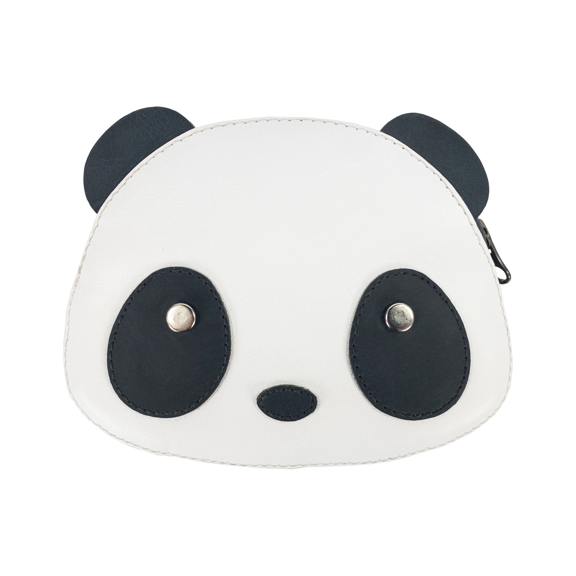 Front view of the Panda Head Shape Wallet by Hide & Drink, highlighting its playful panda face. This wallet is ideal for cash, cables, cards, and travel accessories and is crafted from Full Grain Leather, featuring hand cut and hand sewn designs, fire branded for quality, made in La Antigua Guatemala & Oaxaca Mexico.
