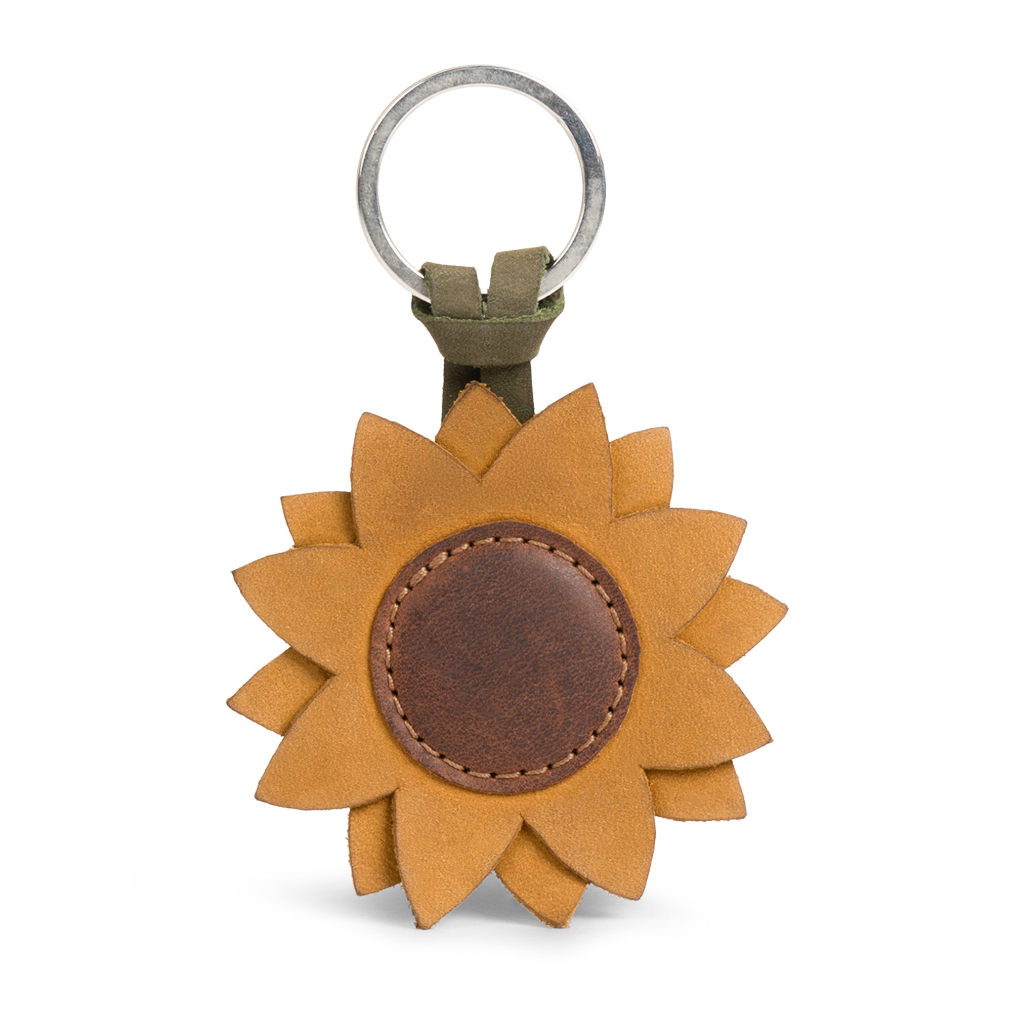Stylish Sunflower Keychain by Hide & Drink showcasing a beautiful sunflower design in full grain leather, perfect for easy attachment to keys, hand cut, and handmade in La Antigua Guatemala.
