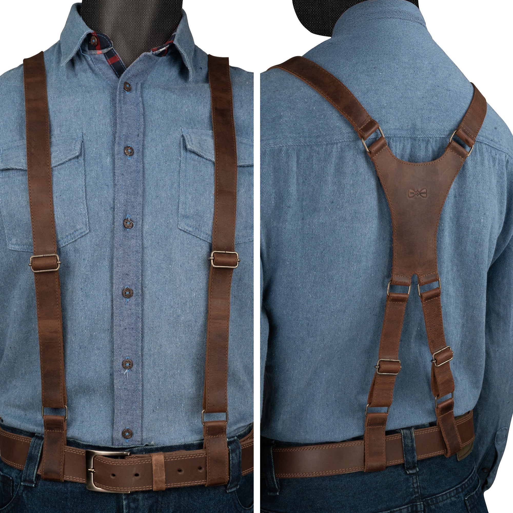 X Back Formal Suspenders by Hide & Groom worn with a shirt, highlighting their stylish appeal. Made of full grain leather, these suspenders provide excellent shoulder support and are a must-have wedding accessory for grooms. Handmade using small batch production methods, including hand cutting and sewing, ensuring a reliable and artisan-crafted finish in La Antigua Guatemala.
