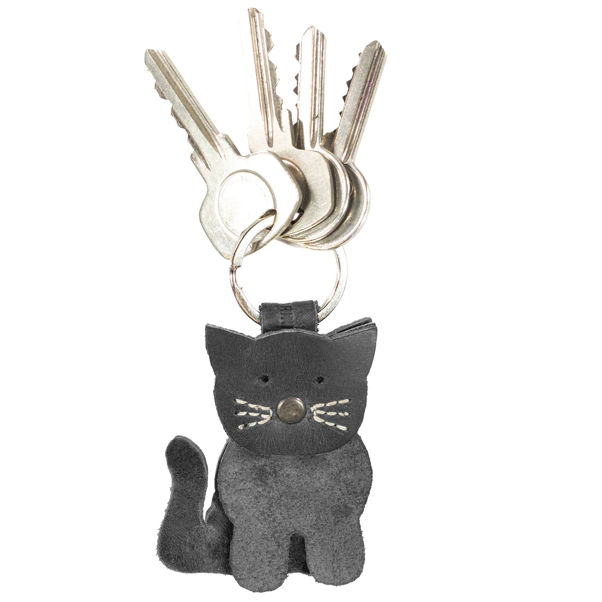 Functional Cat Layered Keychain in Full Grain Leather from Hide & Drink, holding keys and featuring a cute cat silhouette. A delightful accessory for animal lovers, making it a great gift option. This handcrafted key ring is made with care to ensure durability and charm. StockyardX, Small Batch Production, Hand Cut, Hand Sewn, Fire Branded, Artisan, Handmade in La Antigua Guatemala & Oaxaca Mexico.