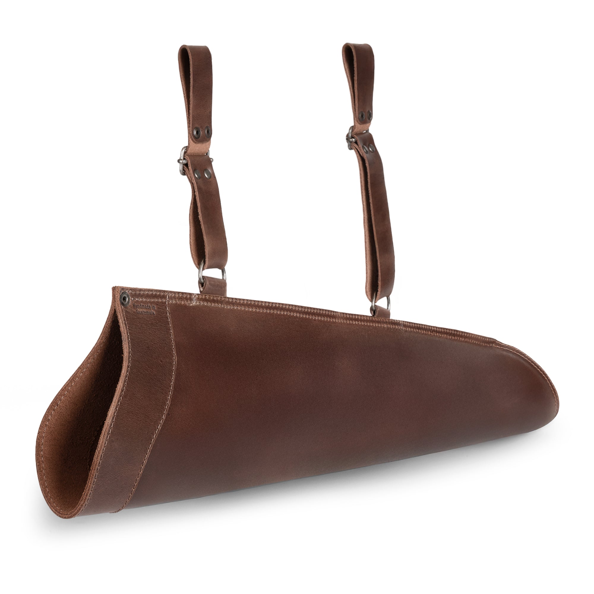 Rear view of The Yeoman, Sling Arrow Quiver, highlighting its elegant design in full grain leather. Crafted by Valhalla Gear, this artisan product is hand cut, hand sewn, and features fire branded detailing. It's a perfect blend of style and functionality, representing small batch production handmade in La Antigua Guatemala & Oaxaca Mexico.