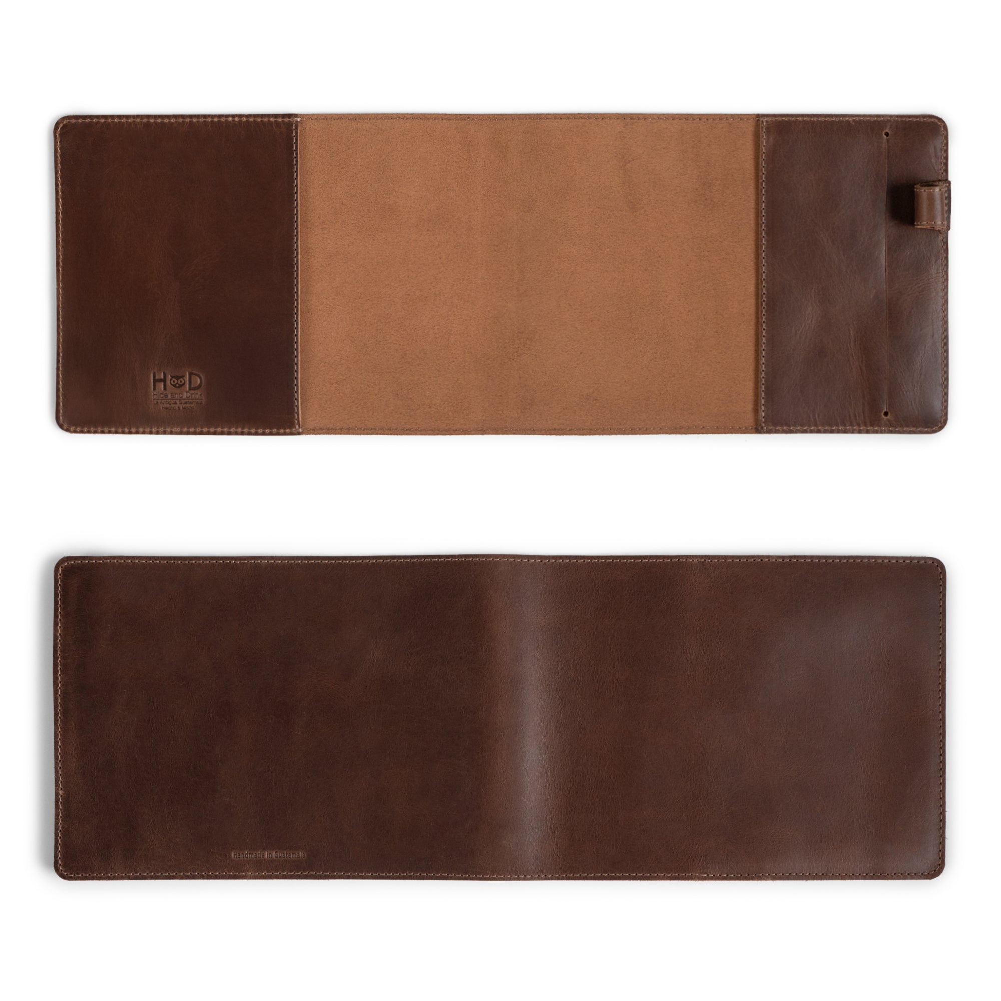 An inside view of the Cover for Leuchtturm1917 Sketchbook Hardcover A5 Medium Size (145 x 210 mm) from Hide & Drink. This sleek Notebook Sleeve offers functionality with its premium Full Grain Leather design, showcasing the artisan quality from small batch production in La Antigua Guatemala and Oaxaca, Mexico.